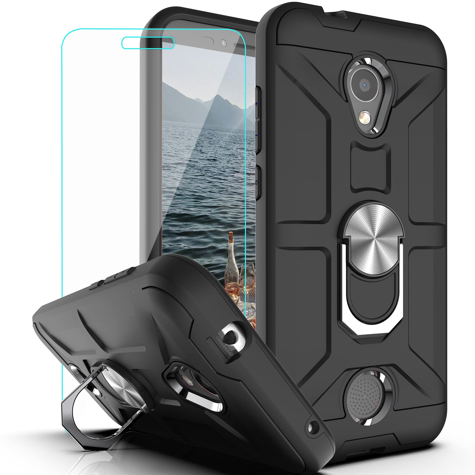 Shockproof Coolpad Legacy S Case with 360° Rotating Ring Kickstand & HD Screen Protector - Dual Layer Protective Phone Cover for Coolpad Legacy S-ZS (Black) | Perfect for Work, Travel & Outdoor Activities