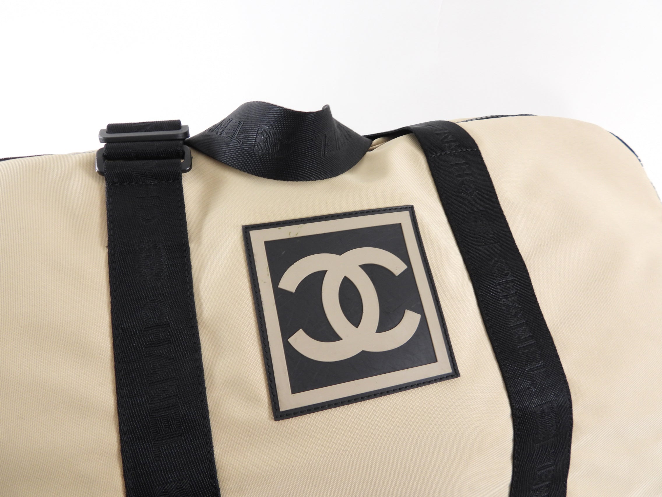 Vintage Chanel Sport 2002 XL Beige Nylon Duffle Bag - Travel Duffel for Women, Gym Bag, Weekend Getaway & Luxury Designer Tote