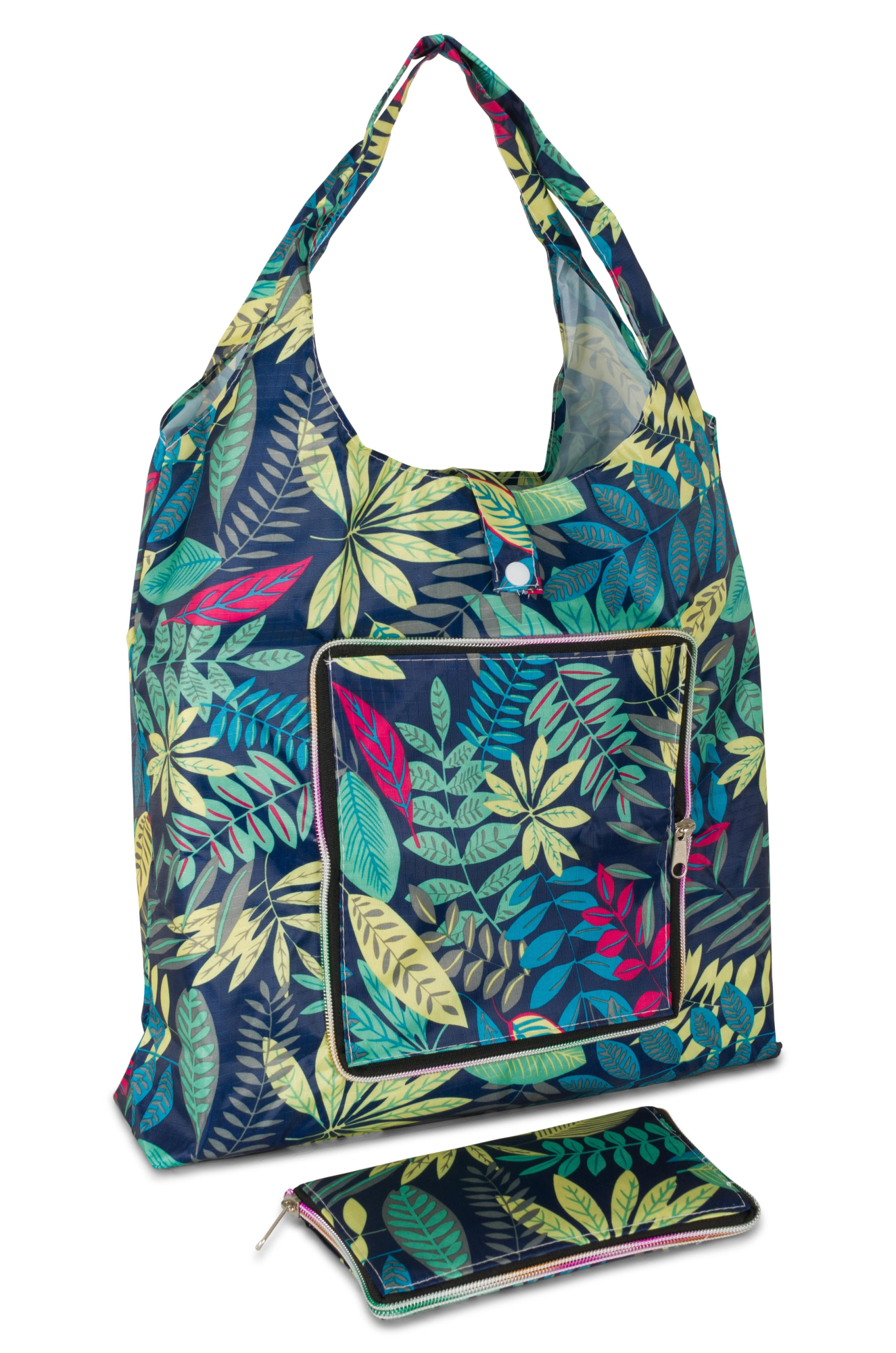 Foldable Reusable Shopping Bag - Eco-Friendly Navy Green Leaf Design - Perfect for Groceries, Travel & Beach Trips