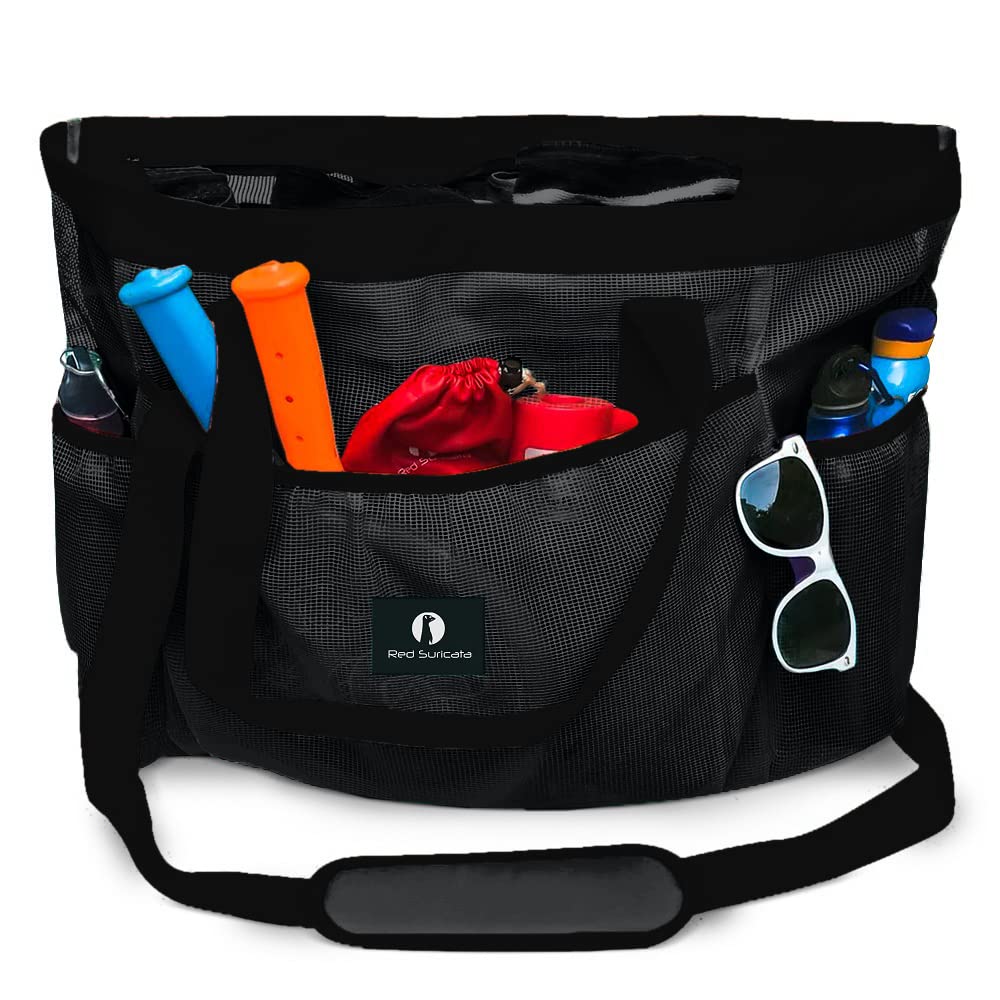 Red Suricata Mesh Beach Bag with Zipper - Extra Large Waterproof Tote for Pool, Travel & Gym | Durable Sand-Resistant Carryall for Summer Vacation, Swim Gear & Outdoor Activities