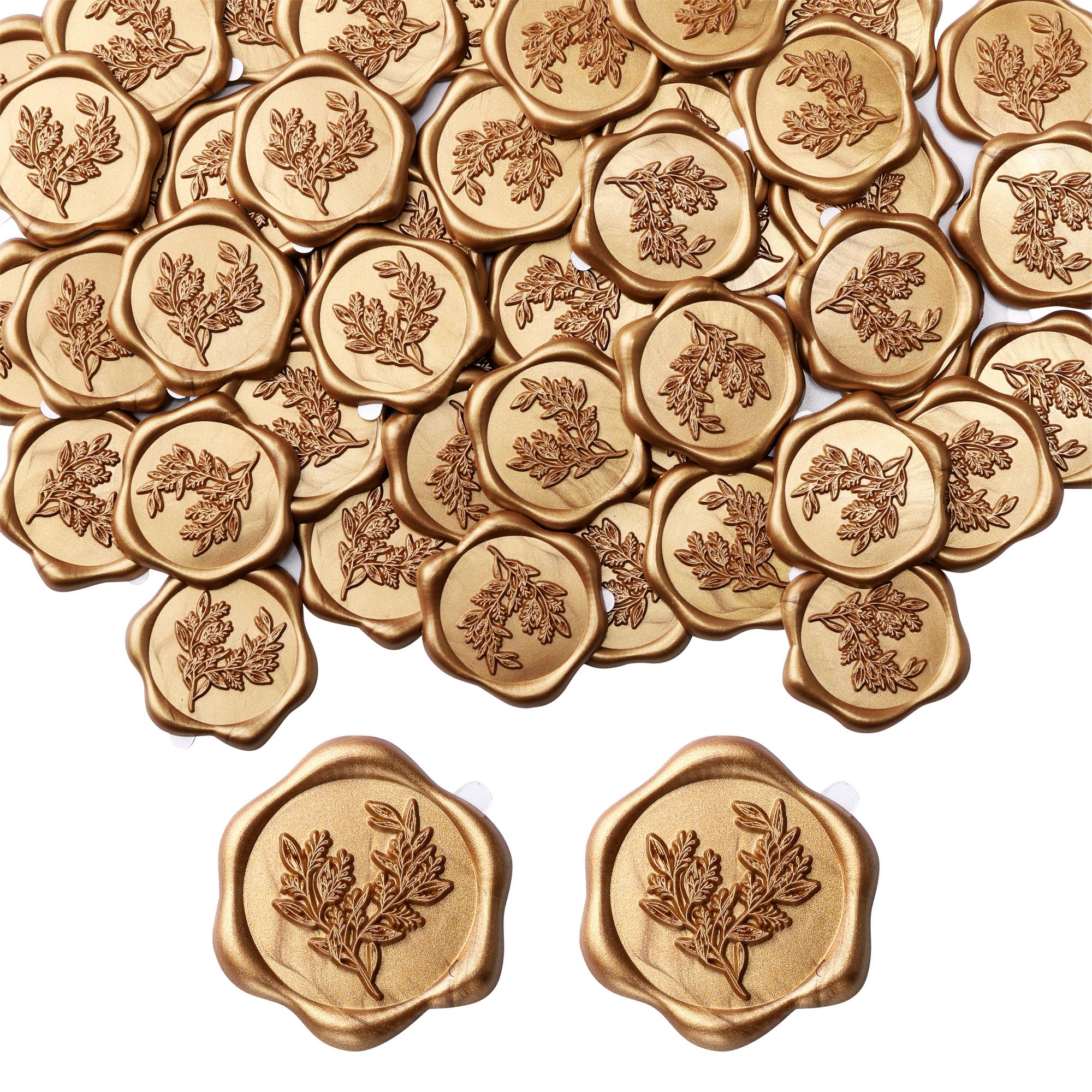 Premium Yoption Eucalyptus Wax Seal Stickers - 50 Pack Self-Adhesive Gold Envelope Seals for Wedding, Party, Birthday & Christmas Invitations - Perfect for DIY Stationery, Greeting Cards, and Vintage-Style Correspondence