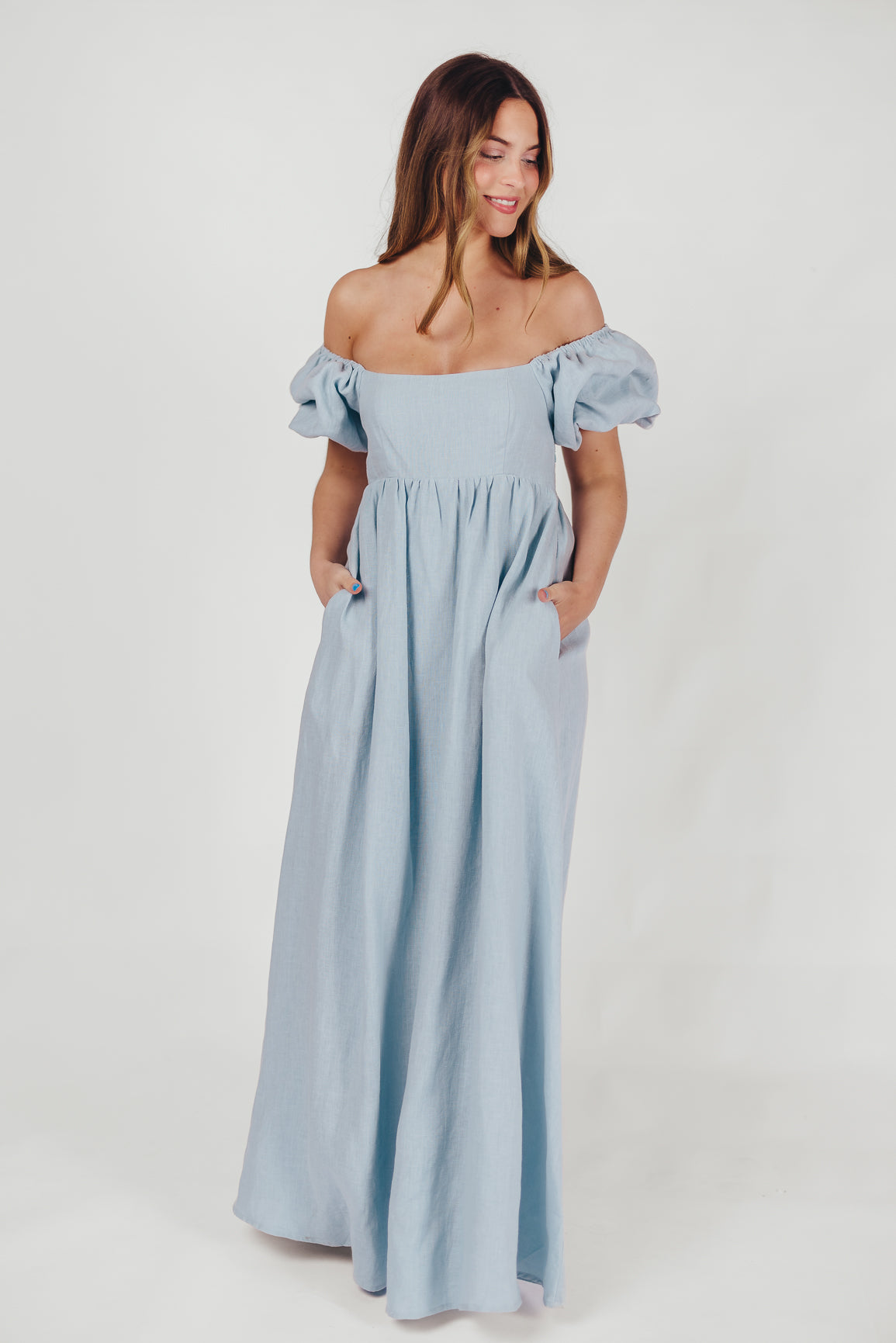 Candace Maxi Dress in Light Blue | 100% Linen Maternity Dress | Bump Friendly & Comfortable | Perfect for Summer, Beach, and Casual Outings