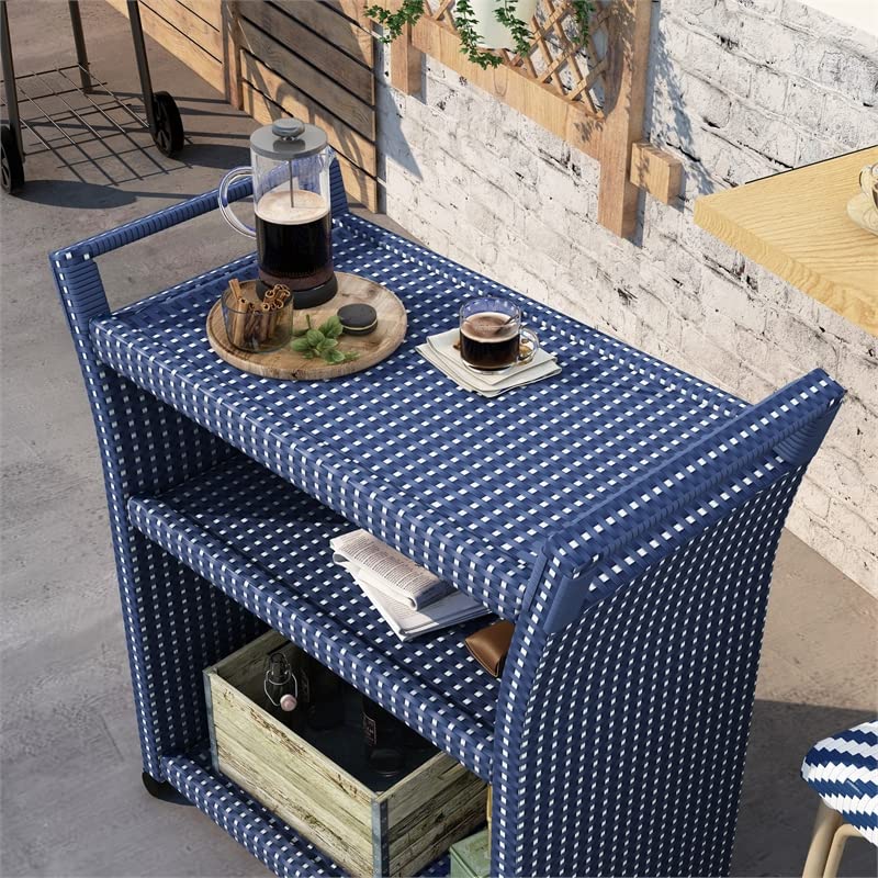 Furniture of America Azur Outdoor Aluminum Wicker Bar Cart in Navy - Portable Serving Cart for Patio, Garden, Poolside & Outdoor Entertaining