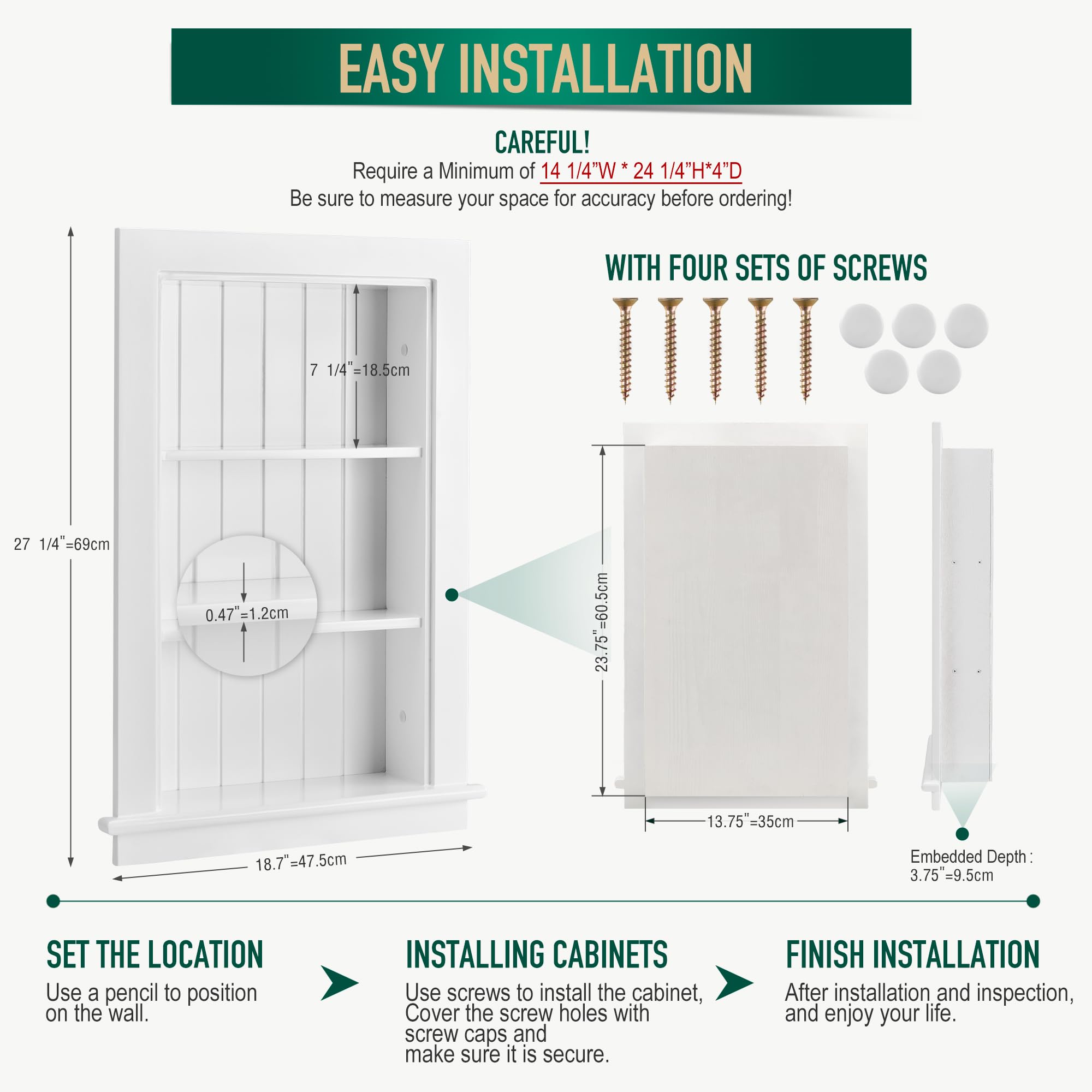14 x 24 Inch Recessed Medicine Cabinet for Bathroom - 3-Tier Wall Niche Between Studs, White Drywall Shelving - Perfect for Small Bathrooms, Vanities & Space-Saving Storage