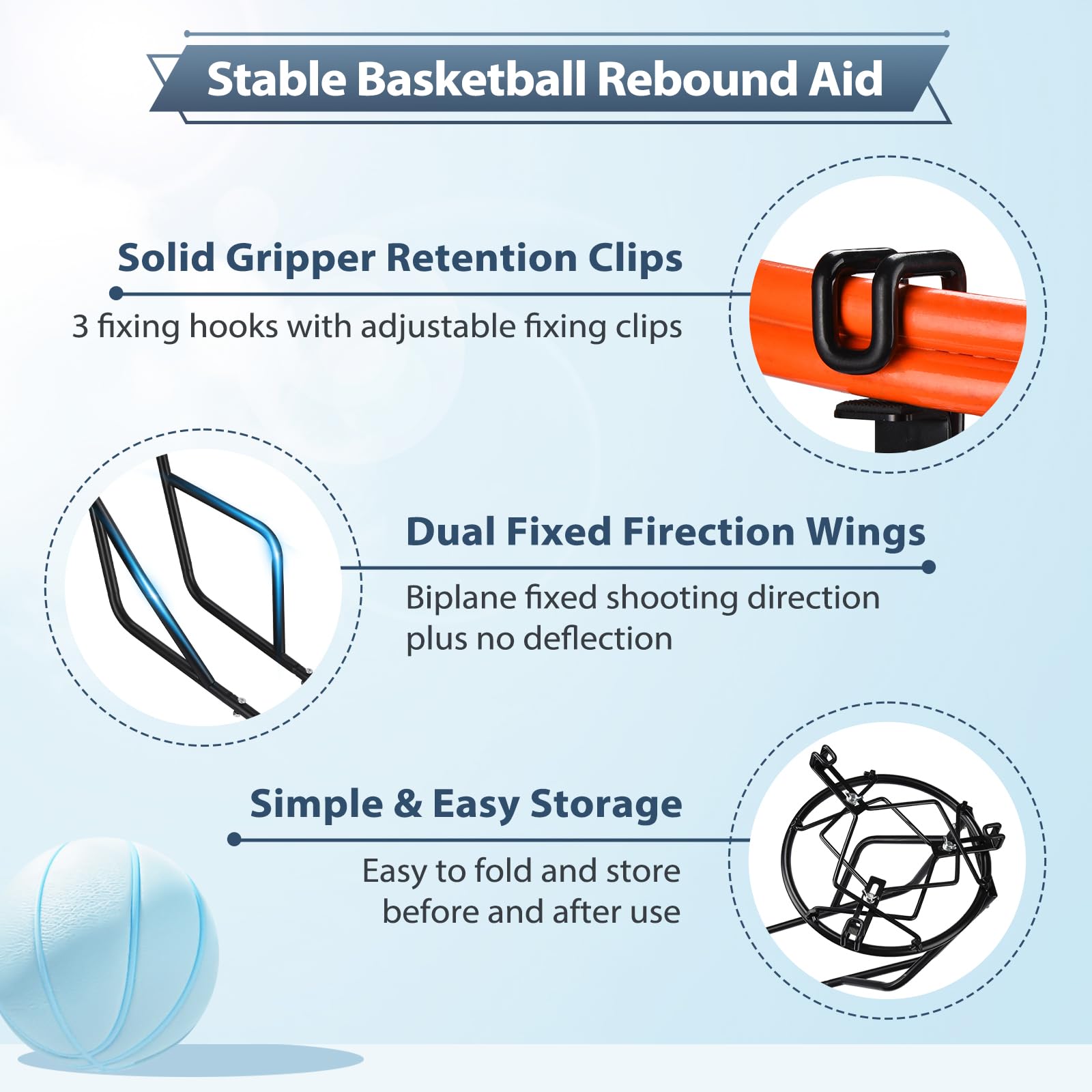 Sturdy Metal Basketball Rebounder with 3 Heavy-Duty Hooks - Professional Ball Return Training Equipment for 18