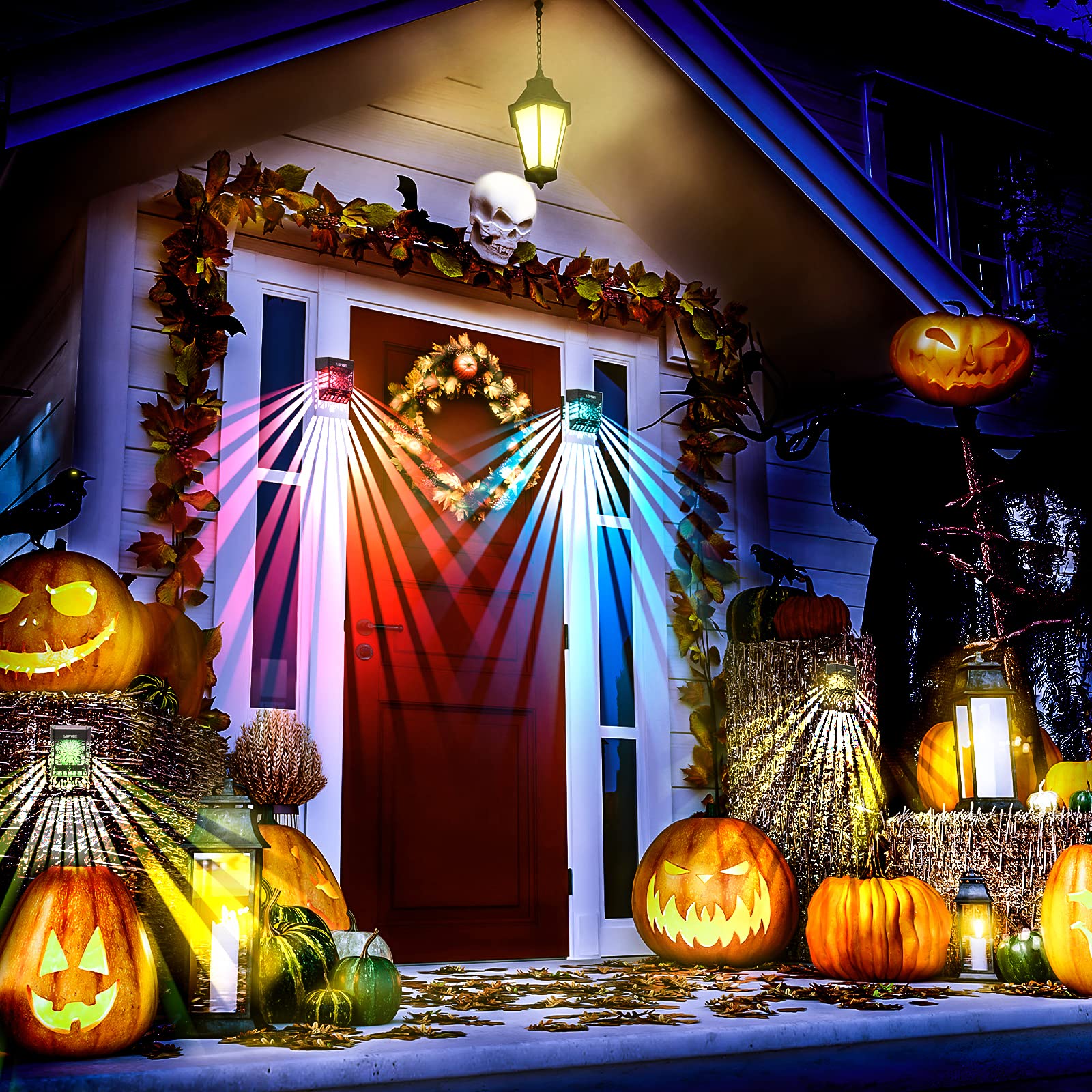 LOFTEK 2 Pack Solar Deck Lights with RGB & Warm White, Waterproof LED Solar Fence Lights for Outdoor Garden, Pathway, Backyard, Patio - Perfect for Halloween, Christmas, and Year-Round Decoration