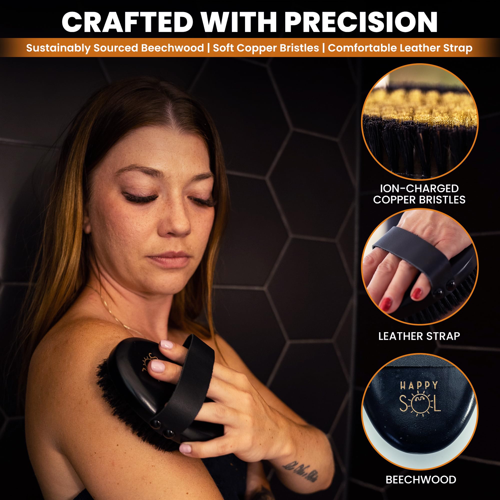 Copper Dry Brush for Body - Exfoliating Skin Brush with Ion Charged Copper Bristles for Lymphatic Drainage, Blood Circulation & Glowing Skin | Perfect for Cellulite Reduction, Detox & Spa Self Care at Home