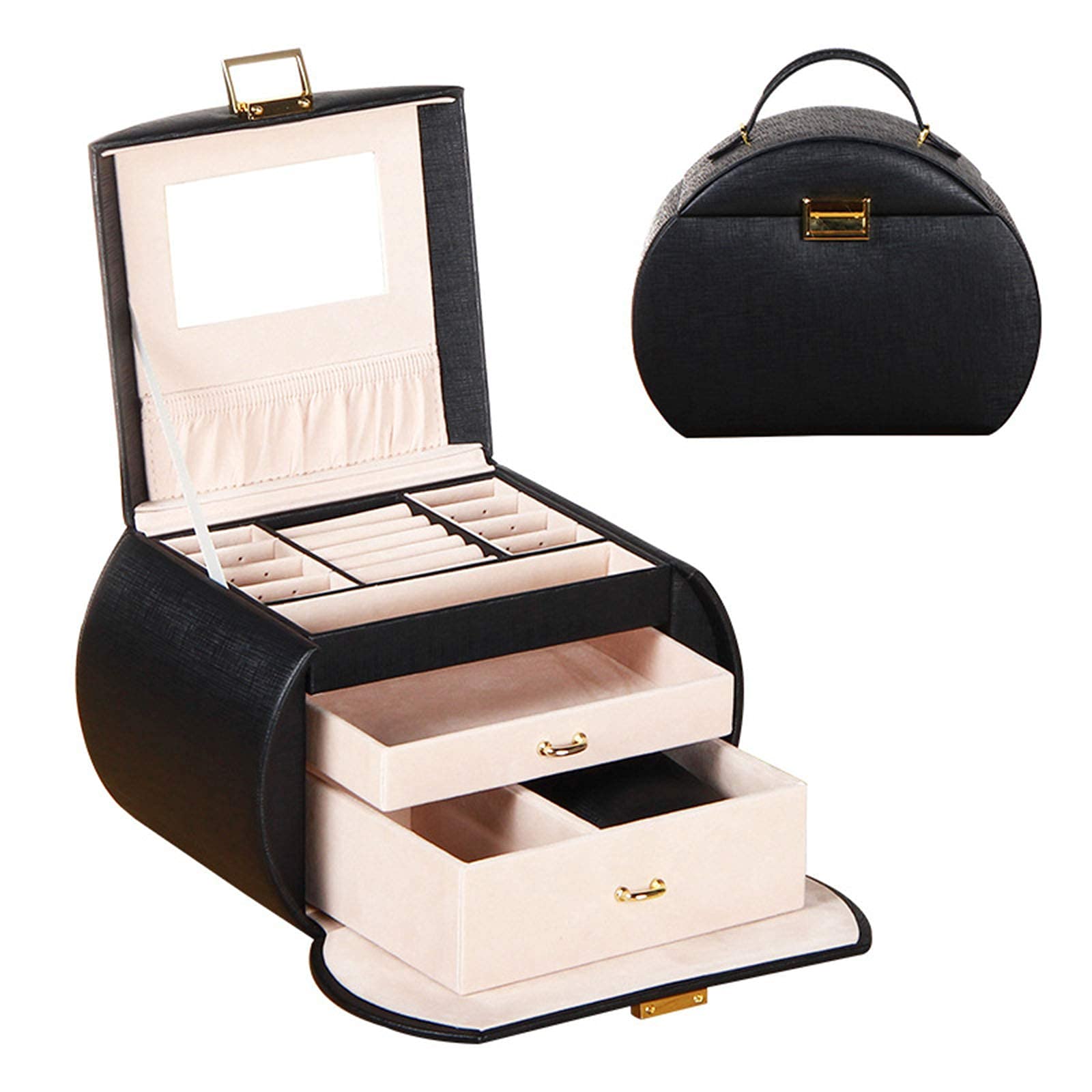 3-Layer Semicircle Jewelry Box with Lock & Mirror - Faux Leather Jewelry Organizer for Rings, Earrings & Necklaces - Perfect Gift for Women, Travel & Home Storage