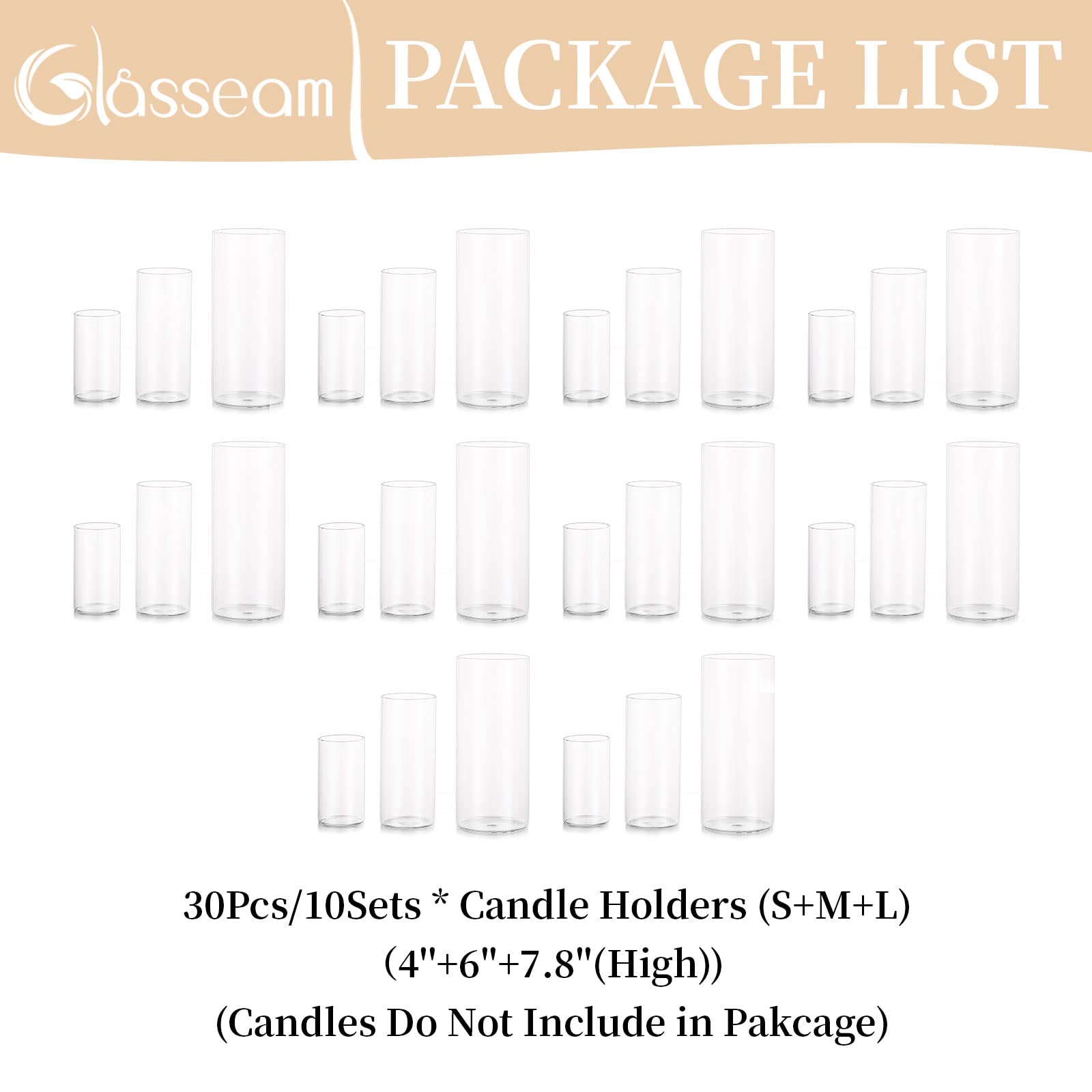 Glasseam Set of 30 Clear Cylinder Hurricane Glass Candle Holders - Bulk Pillar Vases for Wedding Centerpieces, Christmas Decor & Party Table Decorations - Perfect for Romantic Dinners, Holiday Tablescapes & Special Event Decor