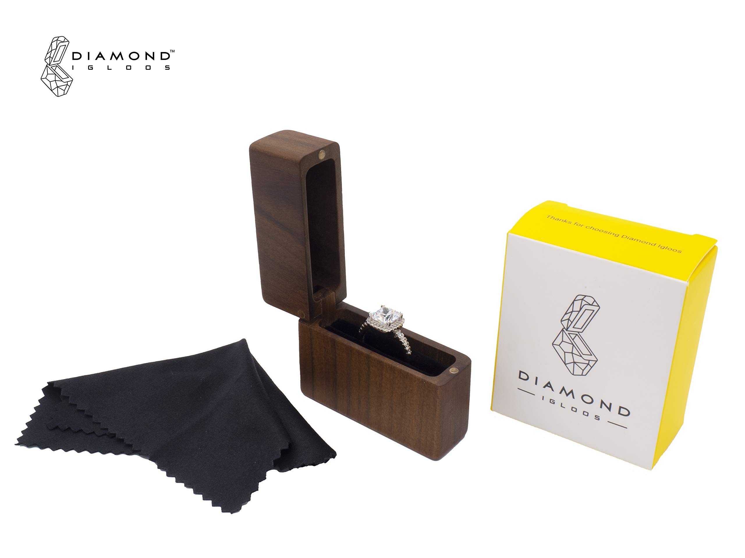 Handcrafted Black Walnut Wood Ring Box with Jewelry Cleaning Cloth - Elegant Proposal & Engagement Ring Holder - Small Slim Jewelry Gift Box for Wedding, Anniversary & Special Occasions