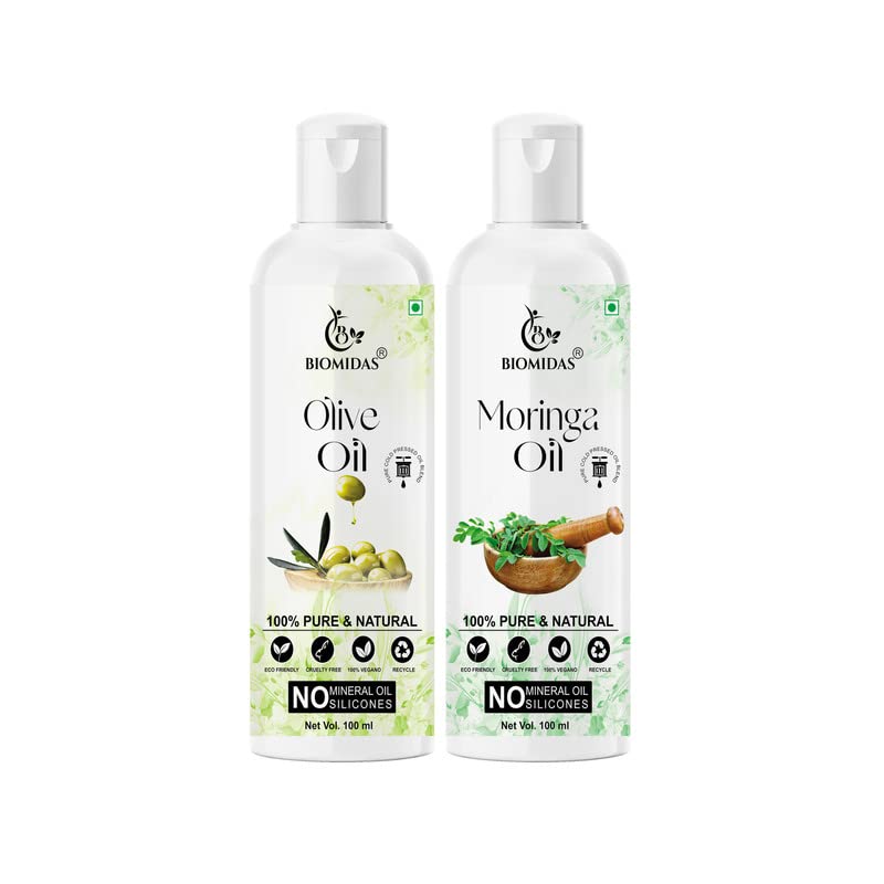 Biomidas 100% Pure Olive Oil & Moringa Oil Combo (100ML Each) - Promotes Rapid Hair Growth, Reduces Hair Fall, Repairs Split Ends for Softer & Shinier Hair - Perfect for Daily Hair Care & Scalp Treatment (Pack of 2)