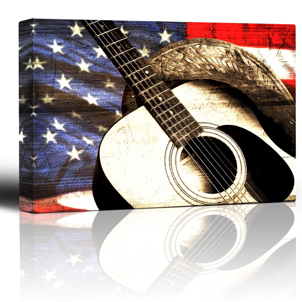 Wall26 - Patriotic Cowboy Hat & Guitar on Woodgrain Flag Canvas Art - Rustic Americana Western Decor - 32x48 Inches - Perfect for Country Music Lovers & Western-Themed Home Decor
