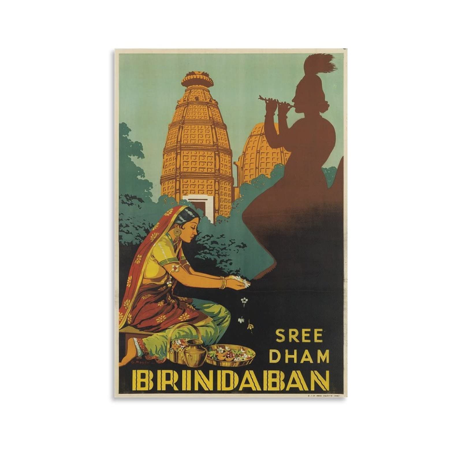 Retro Vintage Indian Art Travel Poster - Vrindavan Brindaban Wall Decor Canvas Print | Bedroom & Living Room Wall Art Painting for Home Decoration | Perfect for Boho, Hippie & Spiritual Interior Design Styles