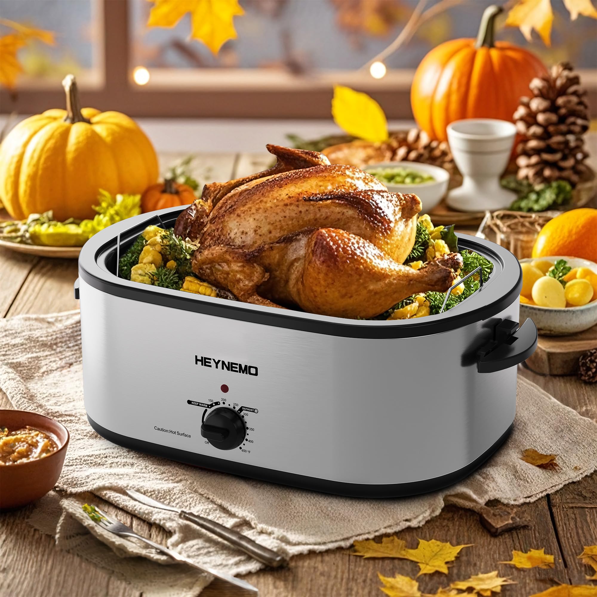 26 Quart Stainless Steel Electric Roaster Oven with Visible Self-Basting Lid, Adjustable Temperature & Defrost Warm Function, Removable Pan Rack for Large Turkey Roasting, Perfect for Holidays & Family Gatherings