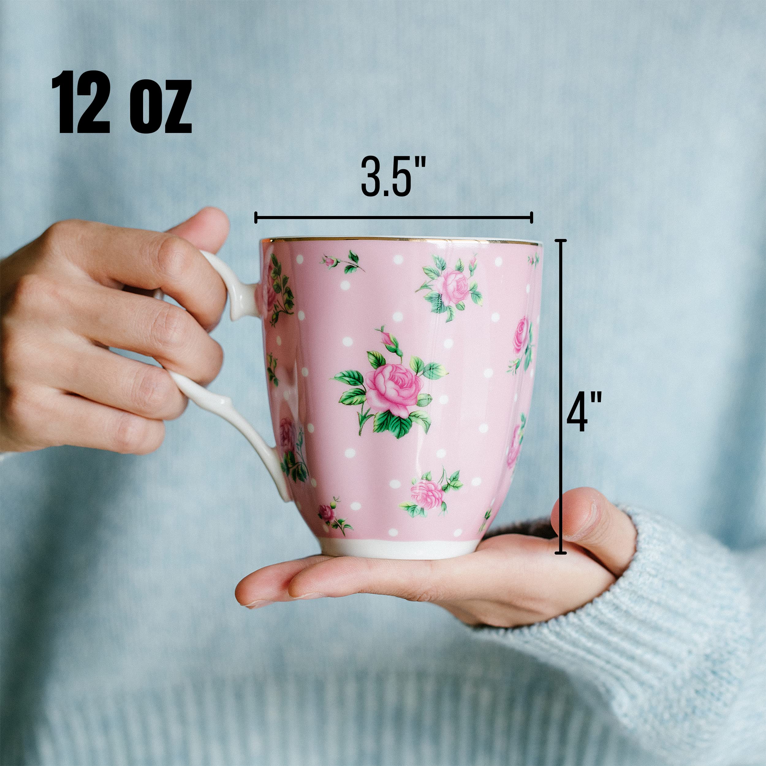 BTaT Royal Floral Coffee Mugs Set of 8 - 12 oz Porcelain Bone China Tea & Coffee Cups for Home, Office, Gifts - Elegant Large Mugs for Morning Coffee, Afternoon Tea, and Entertaining Guests