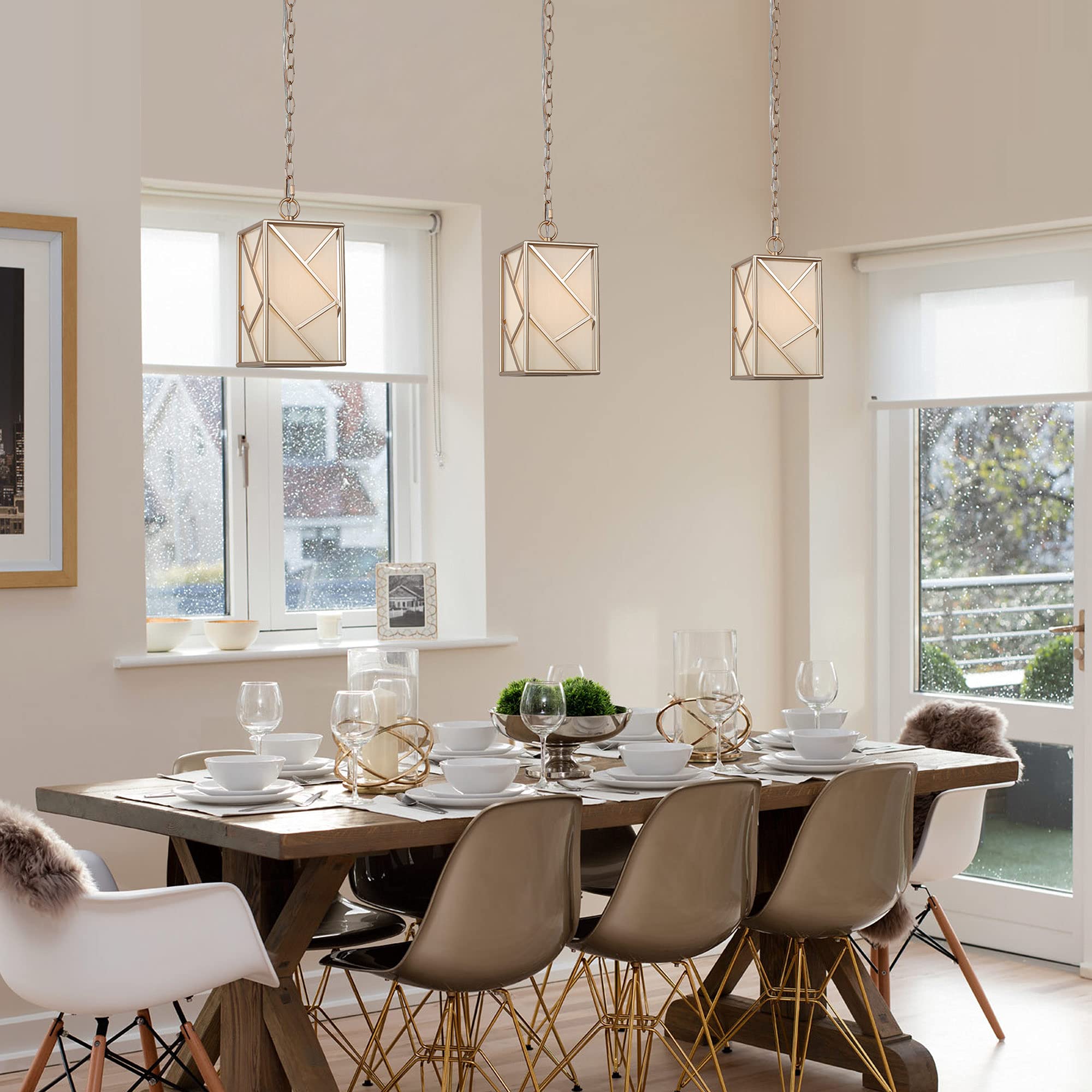 Optimant Lighting Gold Pendant Light with Fabric Shade - Modern Cage Hanging Fixture for Kitchen Island, Dining Room, Living Room, Entryway, Hallway & Bedroom | Perfect for Farmhouse, Industrial & Contemporary Home Decor