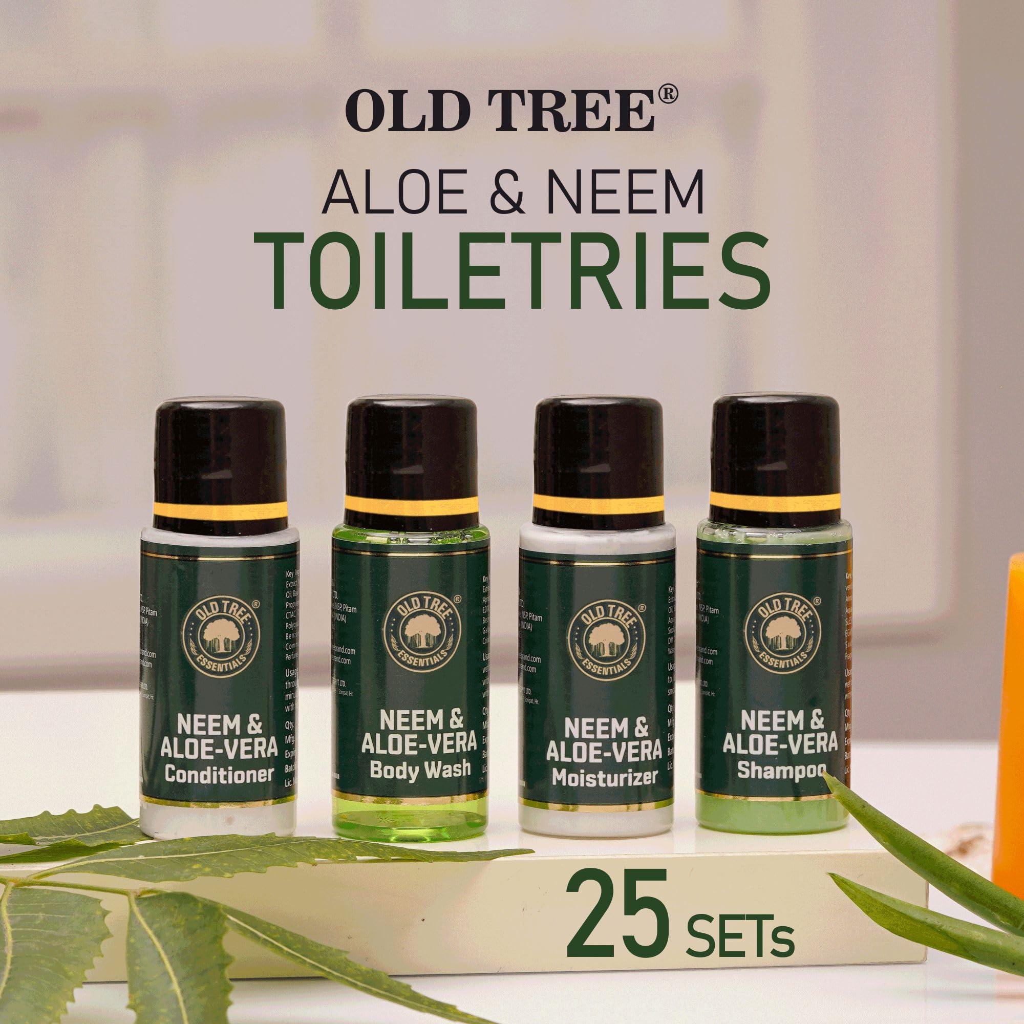 Organic Neem & Aloe Vera Travel Toiletries Set (25-100Pcs) - Shampoo, Conditioner, Body Wash & Lotion for Men & Women | 20ml Travel Size Toiletries Kit for Hotels, Gyms & Air Travel | Natural Hair & Skin Care Essentials