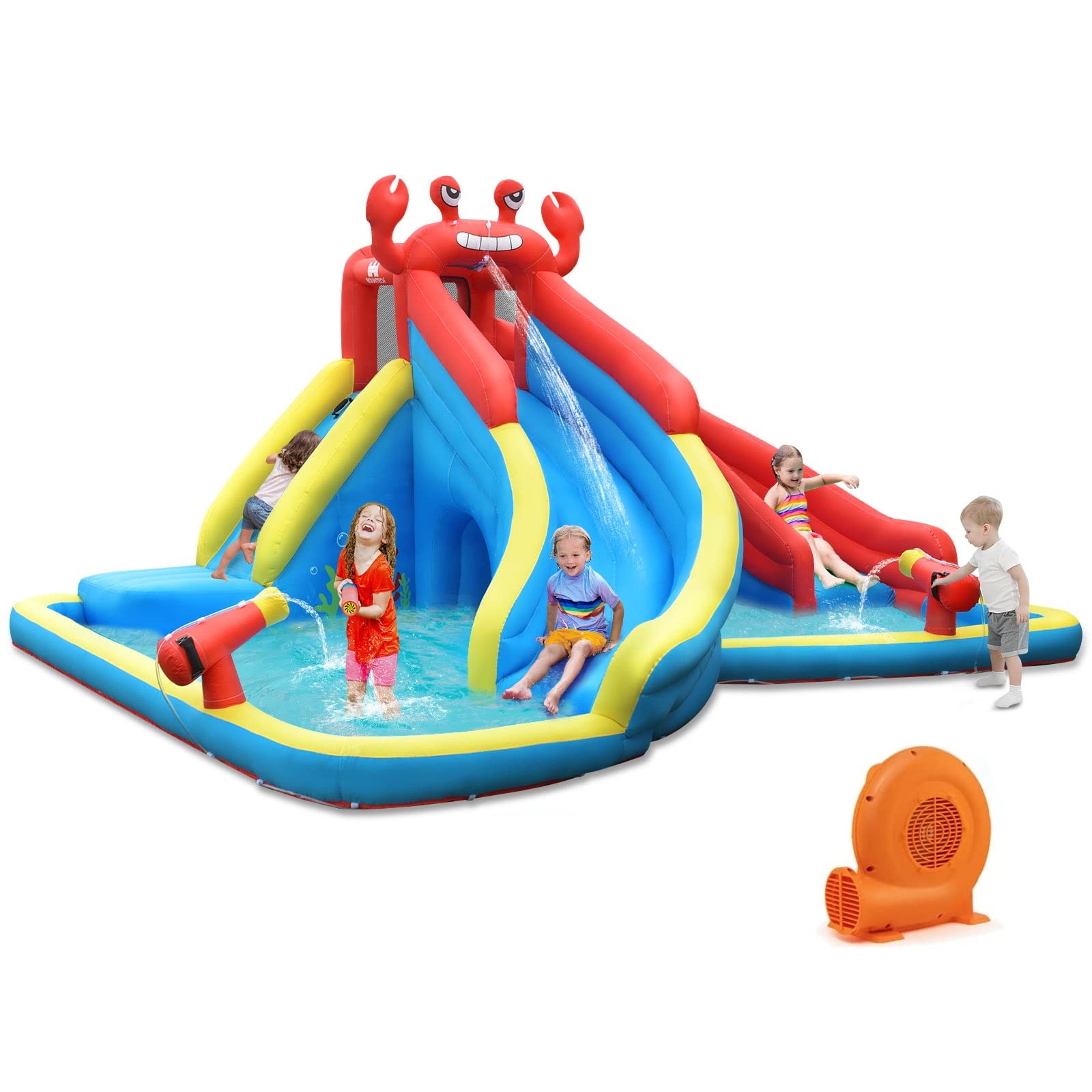 BOUNTECH Inflatable Crab Theme Water Slide for Kids - Dual Racing Slides, Climbing Wall & Hide & Seek Cave - Includes GFCI Blower - Perfect for Backyard Parties, Summer Fun & Outdoor Family Gatherings