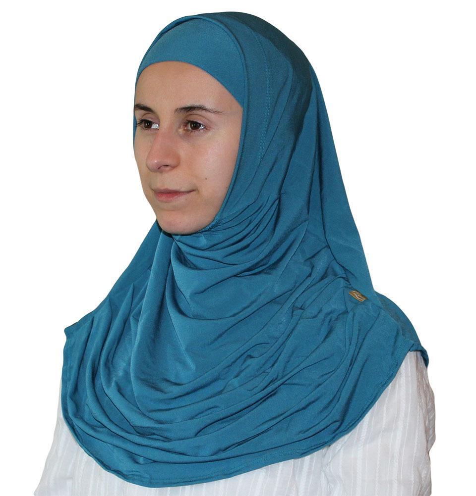 Firdevs Practical Amira Hijab - Soft Stretch Cotton Muslim Headscarf in Teal for Women, Daily Wear & Prayer