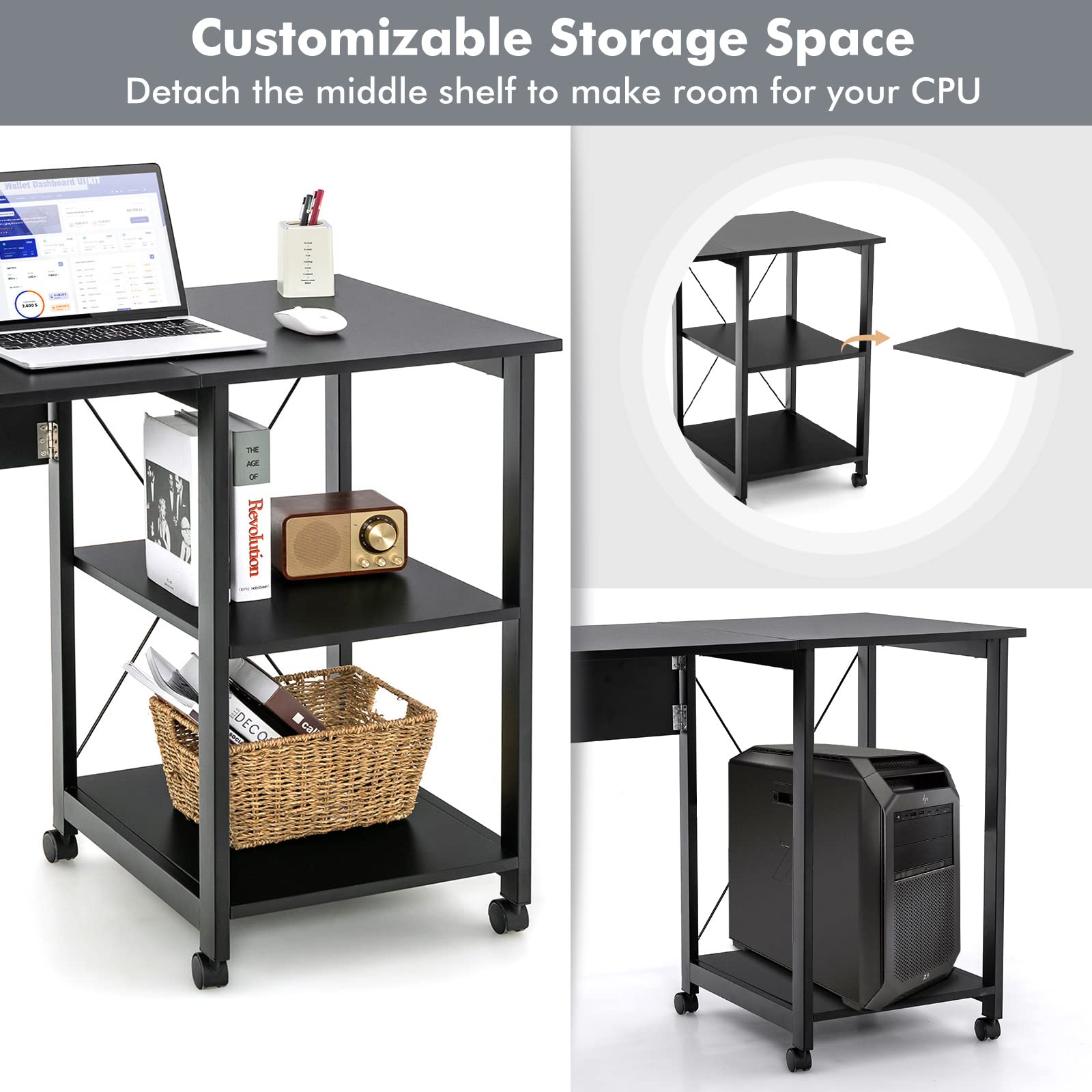 Tangkula Folding Computer Desk with 2-Tier Storage Shelves - Modern Mobile Laptop Workstation with 6 Wheels, Space Saving Home Office Desk for Small Spaces & Apartments (Black) - Perfect for Remote Work, Study & Compact Living Areas