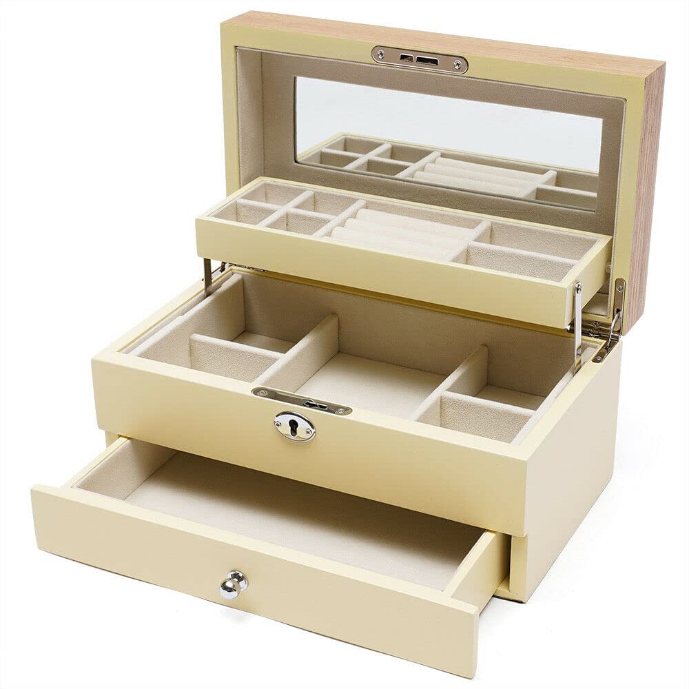 3 Layer Wooden Watch Box Organizer for Men & Women - Jewelry Necklace Earring Storage Display Case with Mirror & Lock - Perfect for Travel, Home Decor & Gift (Creamy White)