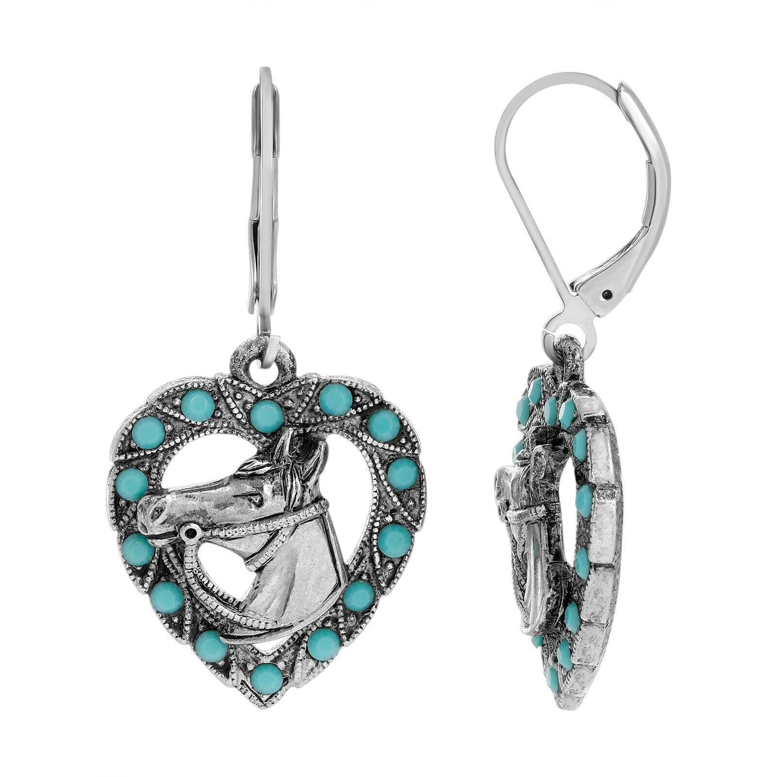 1928 Heart & Horse Head Turquoise Crystal Drop Earrings for Women - Boho Chic Dangle Jewelry for Parties, Weddings & Everyday Wear