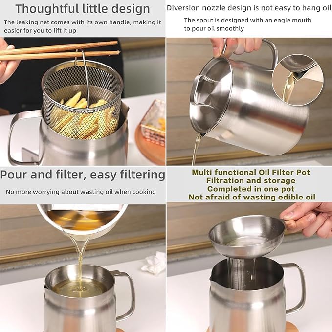 2-in-1 Stainless Steel 304 Oil Filter Pot - Multi-functional Kitchen Oil Strainer & Mini Fryer Filter Cup Combo for Cooking, Frying, and Oil Recycling - Perfect for Home Kitchens, Restaurants, and Food Trucks