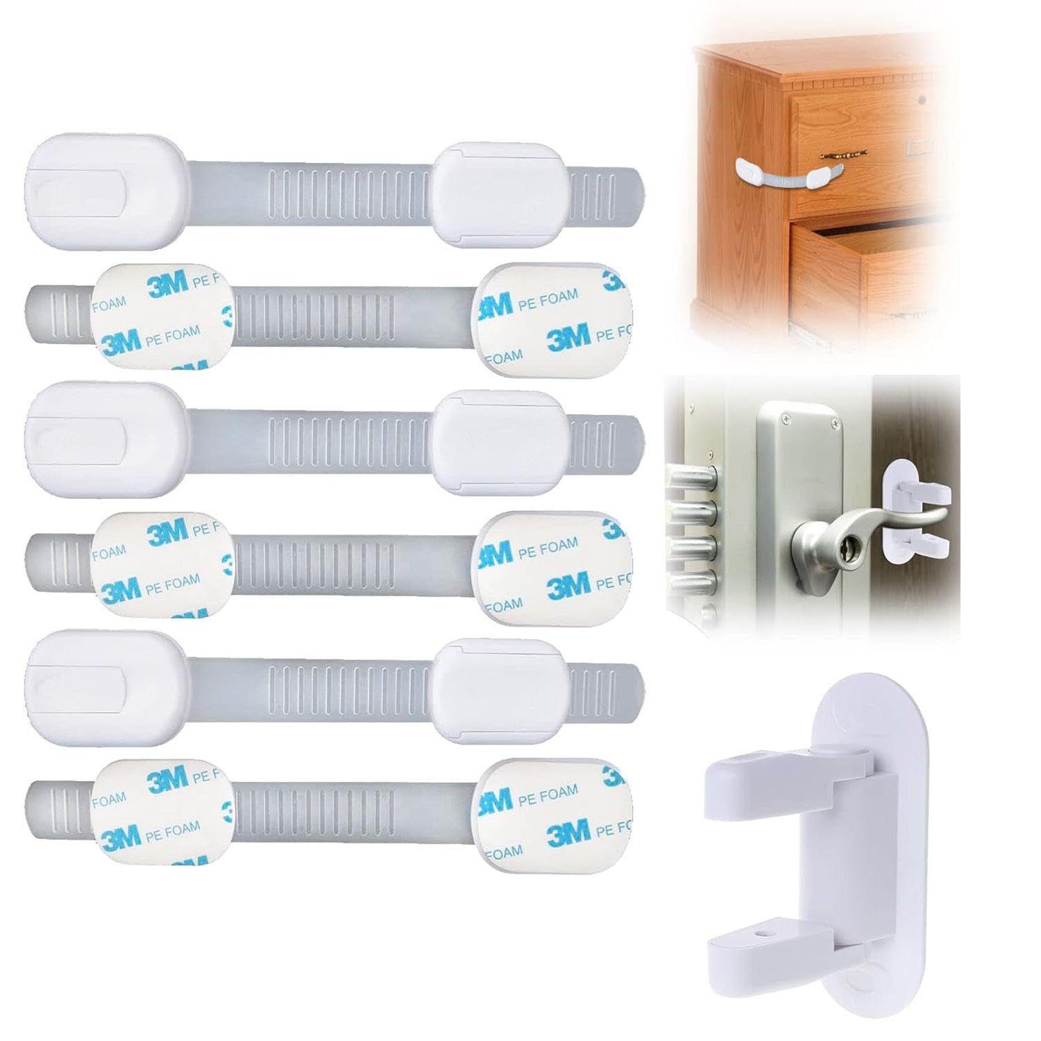 **Baby Proofing Cabinet Locks & Door Lever Locks Set - 2-Pack Adjustable Strap Locks & 6-Pack Child Safety Locks for Cabinets, Drawers, and Doors - Secure Home, Nursery, and Office Spaces**