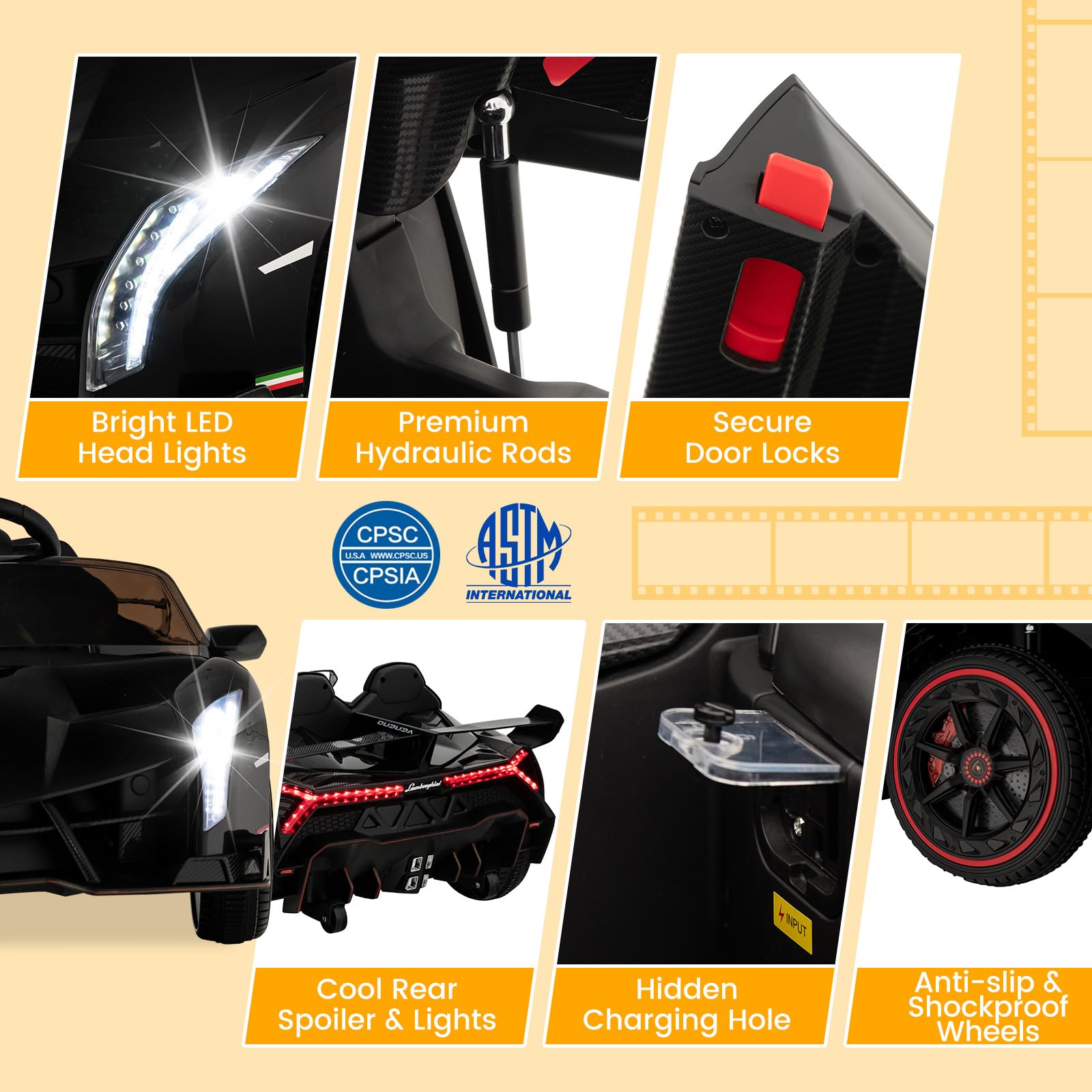Costzon Licensed Lamborghini 12V Kids Electric Ride-On Car - 4WD Remote Control Sports Vehicle with 3 Speeds, Hydraulic Doors & LED Lights | Perfect Birthday Gift for Boys & Girls Ages 3-8 | Outdoor Play, Backyard Fun & Pretend Driving Adventures