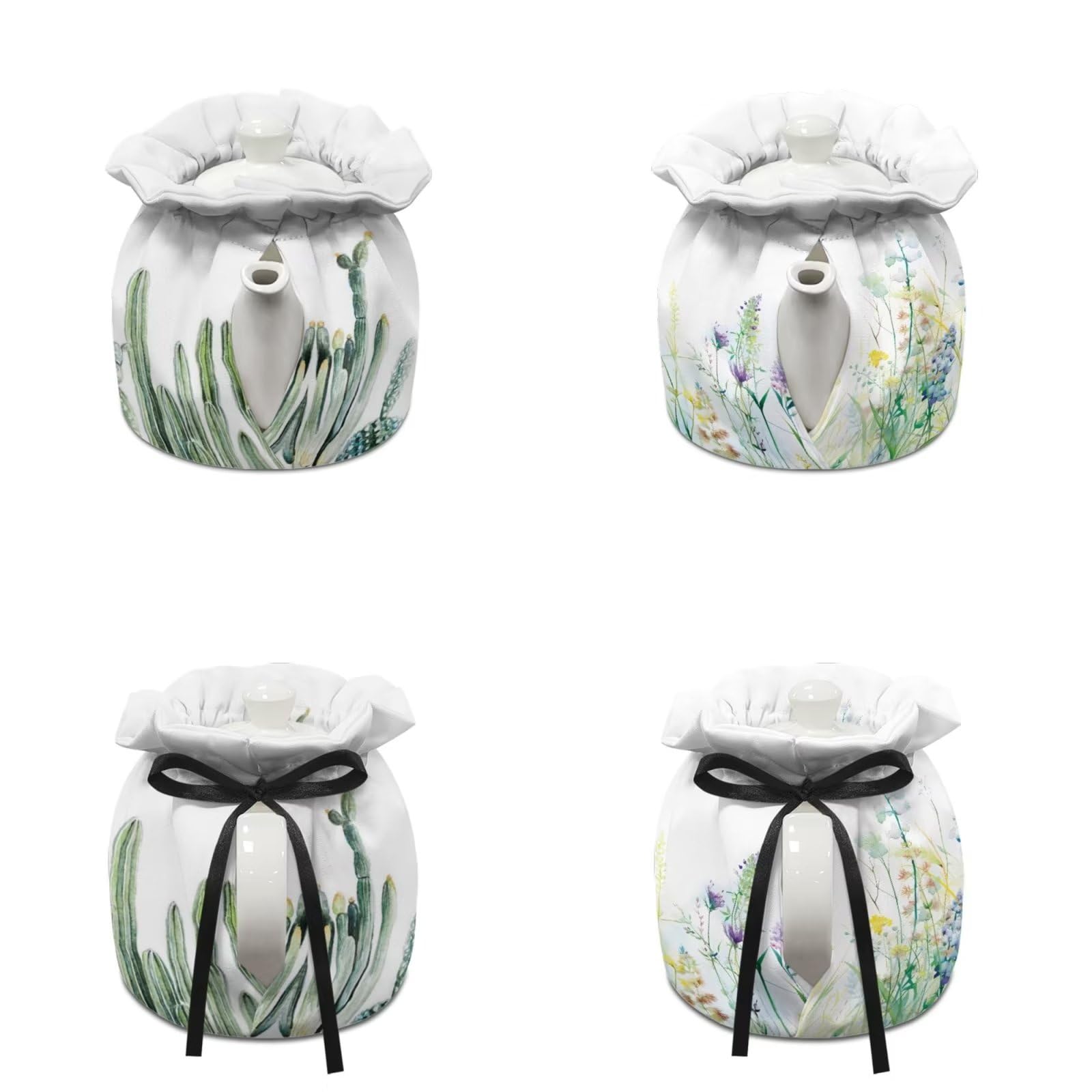 Insulated Tea Kettle Cover Set of 2 - Cactus & Purple Floral Print Teapot Cozy with Elastic Band for Heat Retention & Dust Protection | Perfect for Kitchen, Breakfast Tea Time & Home Decor