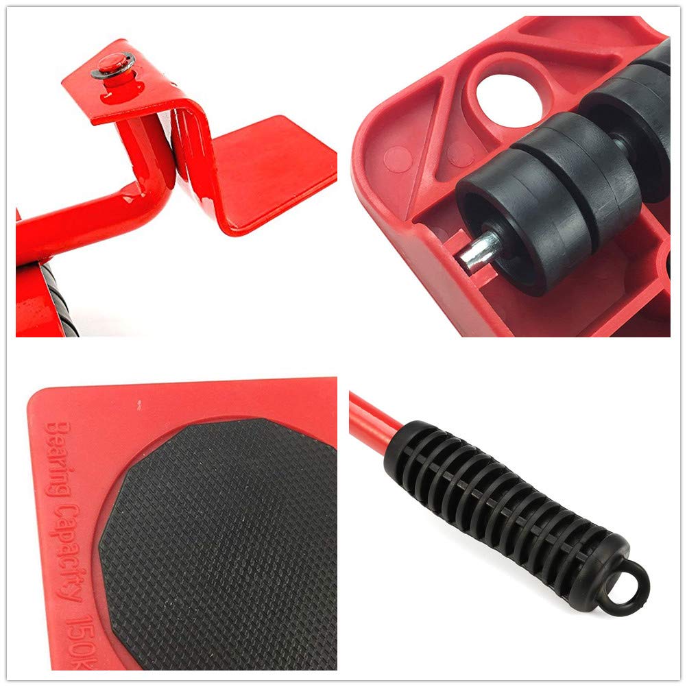 Heavy Duty Furniture Lifter Set - 1 Lifting Rod & 4 Moving Rollers for Appliances, Couches, Beds - Durable Home & Office Moving Tools (Red) - Perfect for Moving Heavy Furniture on Hardwood & Carpet Floors