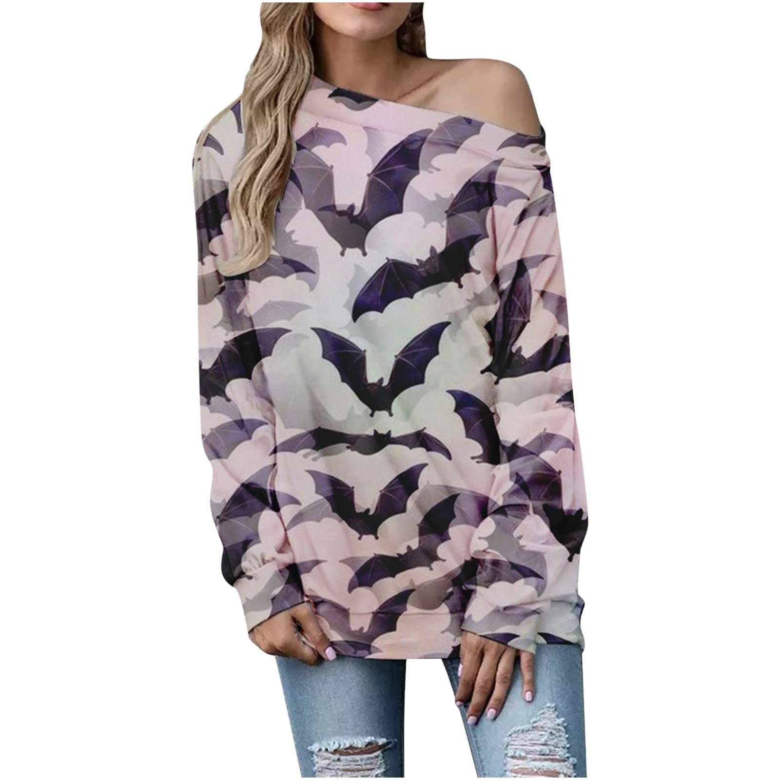 Women's Bat Print Halloween Sweatshirt - Off Shoulder Pullover for Party & Casual Wear