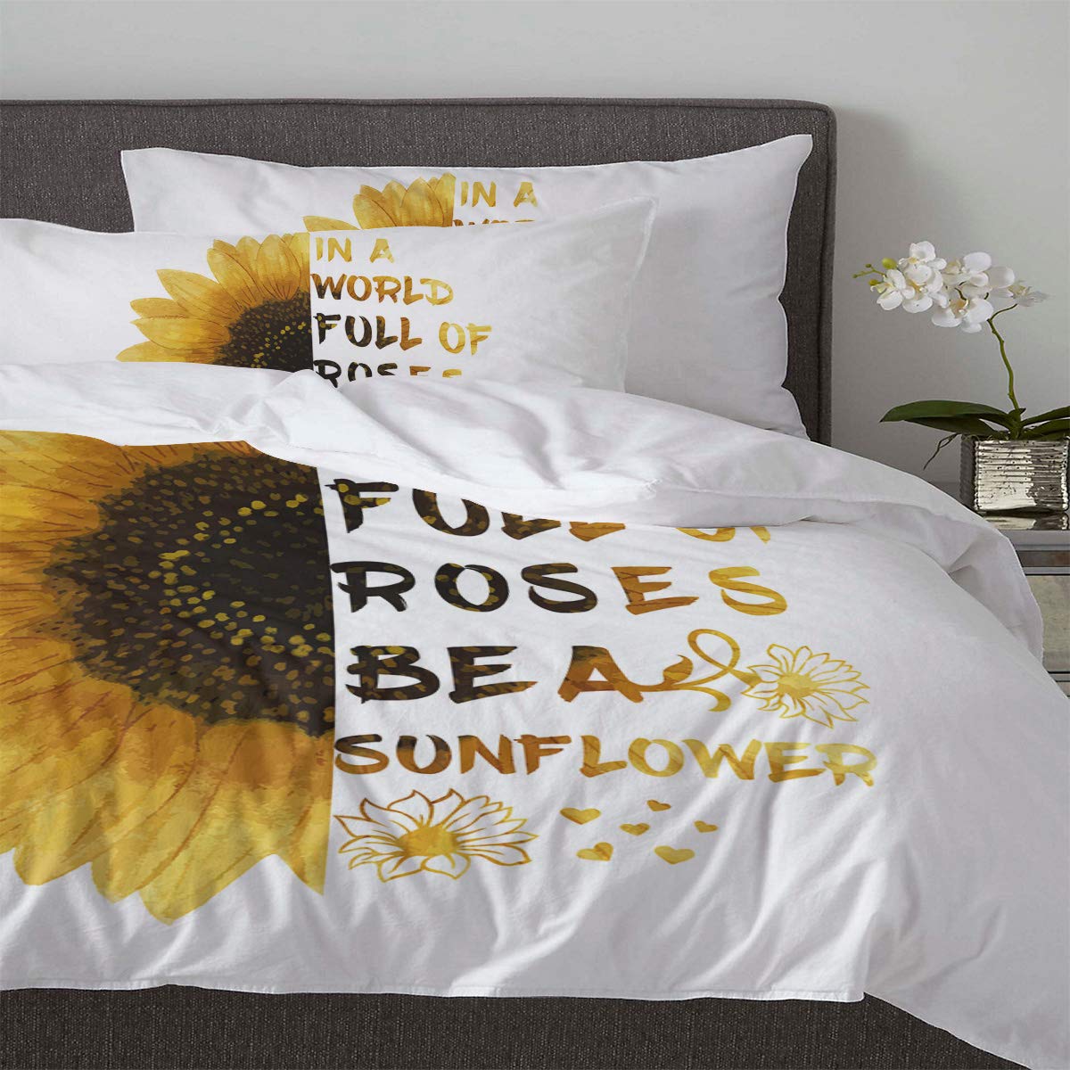 LooPoP Sunflower 3-Piece Duvet Cover Set - Full Size Soft Wrinkle-Resistant Bedding with Comforter & Pillow Shams - Inspirational Text Design for All Seasons - Perfect for Cozy Bedroom Decor & Guest Room Makeover