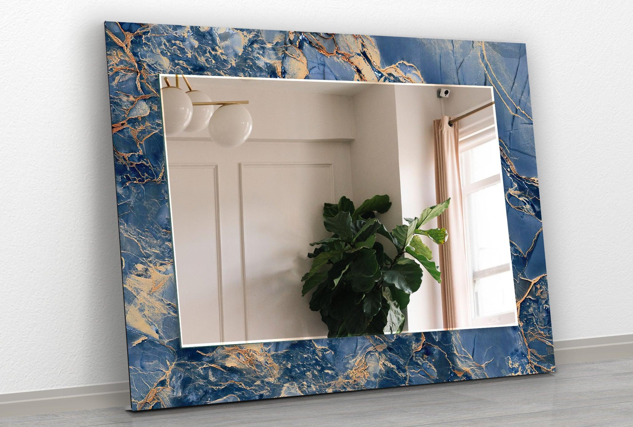 Blue & Brown Abstract Wall Mirror - Modern Decorative Mirror for Living Room, Bedroom, Entryway - Handmade Boho Home Decor Accent Piece