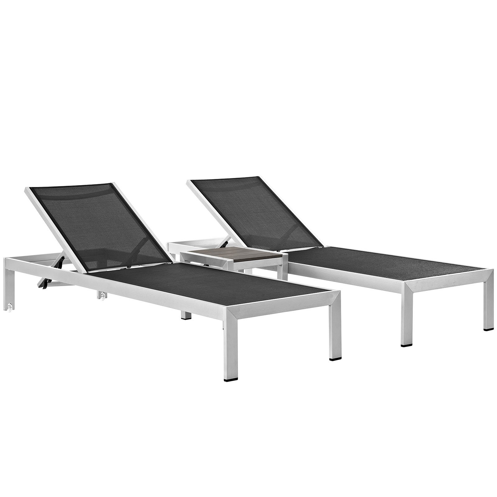 Modern Cool Outdoor Patio Lounge Chair Chaise with Side Table Set - Black & Silver Aluminum - Perfect for Poolside, Backyard, Garden Relaxation