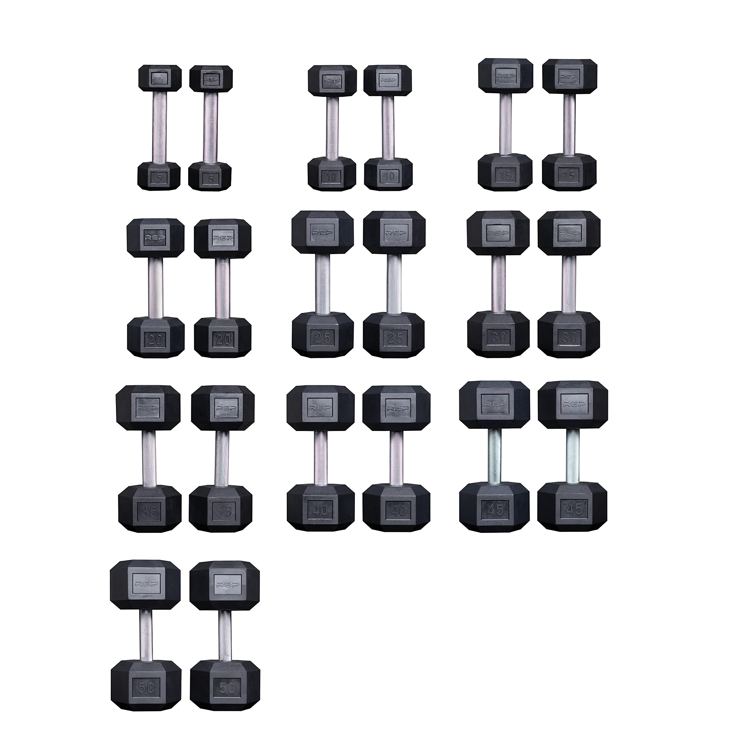 REP Fitness Rubber Hex Dumbbell Set with Storage Rack - 5-50lbs, 5-75lbs, 5-100lbs, 2.5-27.5lbs, 55-75lbs, 80-100lbs or 105-125lbs Options | Home Gym Strength Training Equipment for Weightlifting & Fitness Workouts