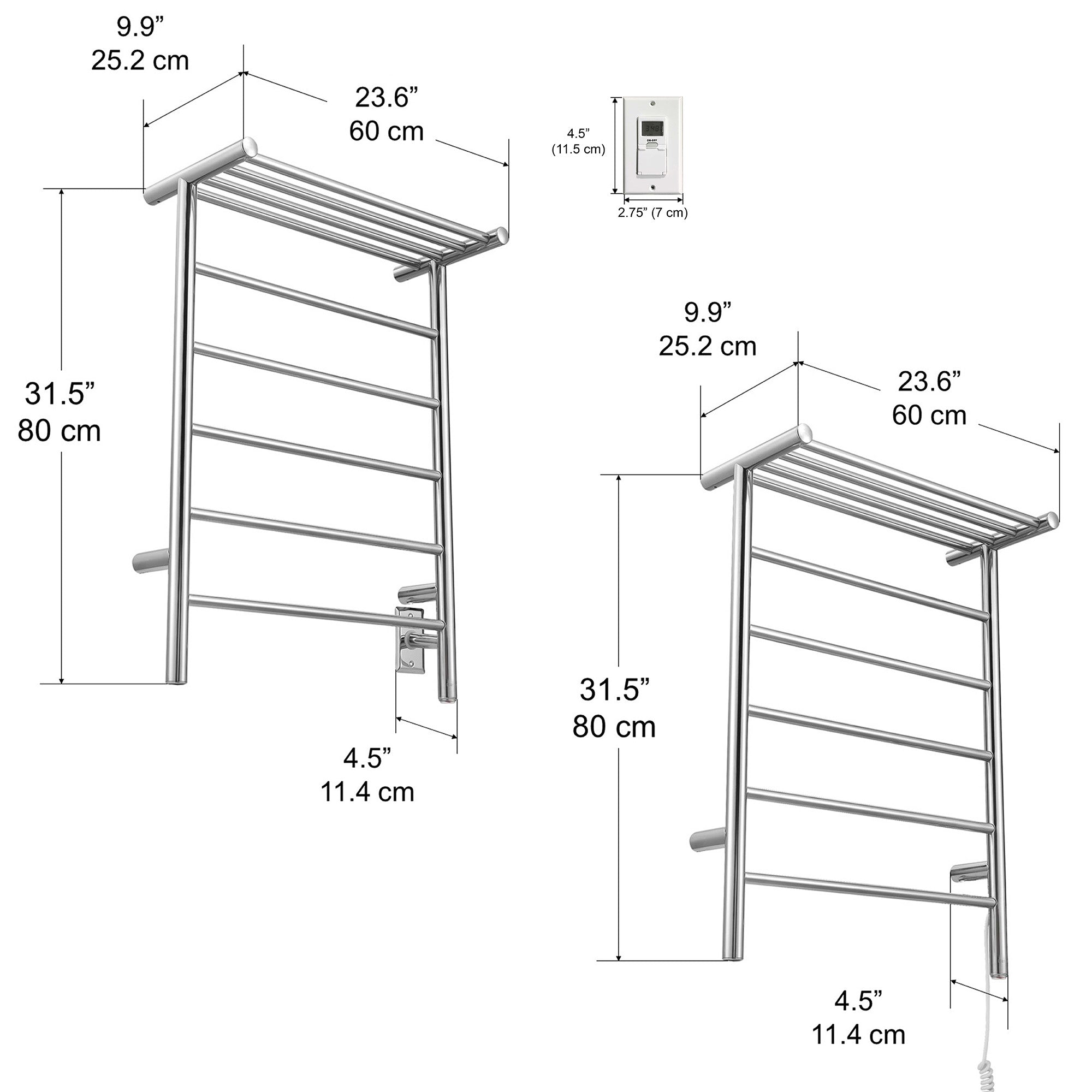 Miazzo 5-Bar Electric Wall Mount Towel Warmer with Shelf - Plug In or Hardwire Installation, Polished Stainless Steel, Digital Timer - Perfect for Bathrooms, Spas & Luxury Home Heating