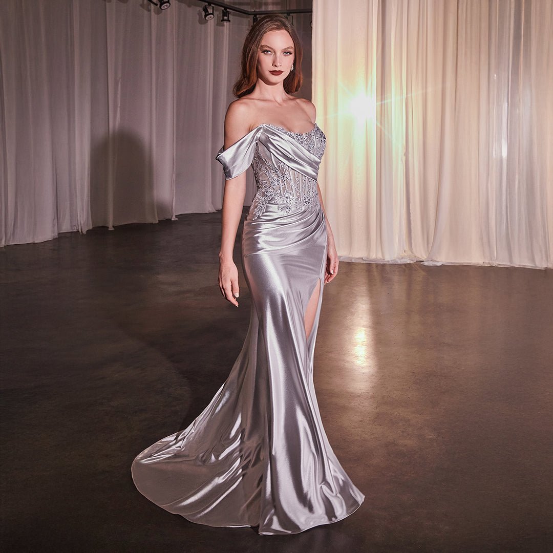 Ladivine by Cinderella Divine Silver One Shoulder Satin Prom Dress for Homecoming, Formal Events & Special Occasions