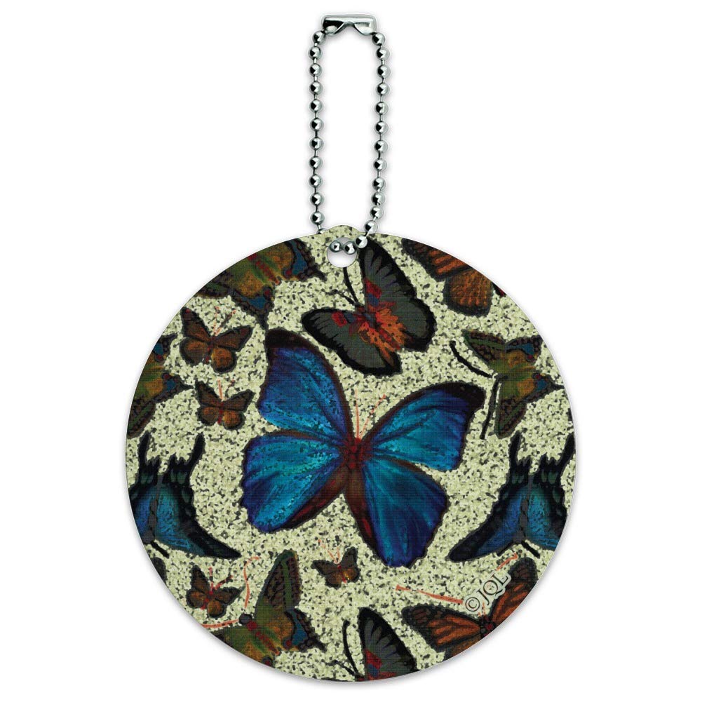 Blue Butterfly Exotic Pattern Round Luggage ID Tag - Waterproof Suitcase Travel Bag Name Tag for Carry-On Bags, Backpacks & Suitcases - Perfect for Airports, Vacations & Business Trips