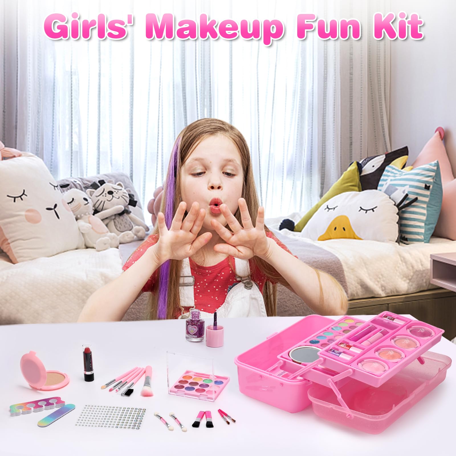 Anpro 68PCS Washable Kids Makeup Kit - Princess Cosmetic Set for Girls Ages 3-10 | Non-Toxic, Hypoallergenic | Perfect Birthday & Christmas Gift (Pink) | Pretend Play, Dress Up, Party Fun