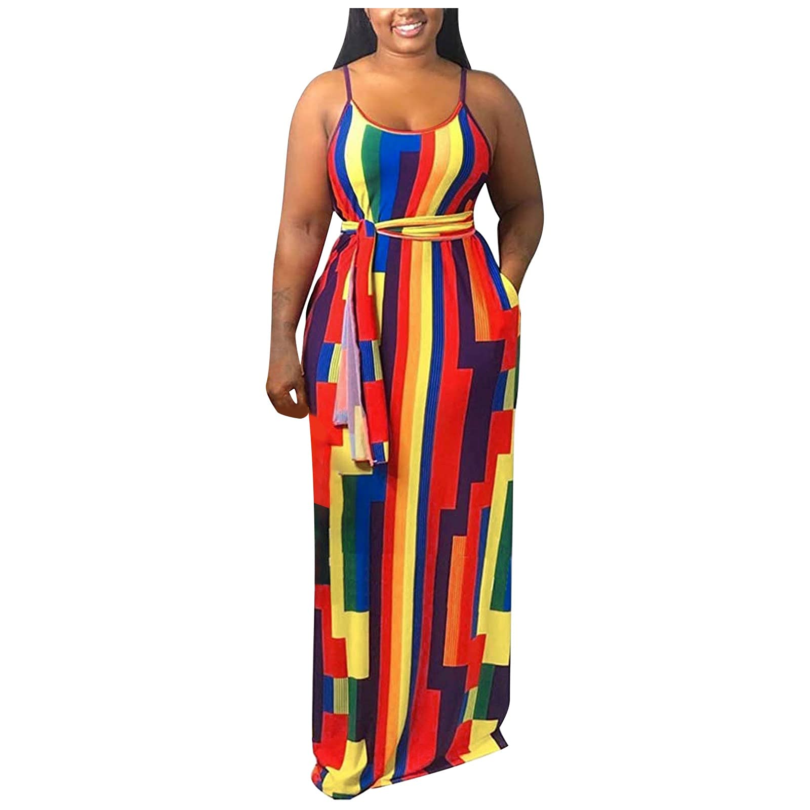 Women's Summer Maxi Dress - Striped Printed Sleeveless Suspender Dress with Pockets | Casual Beach Wear, Vacation Outfit, Party Dress
