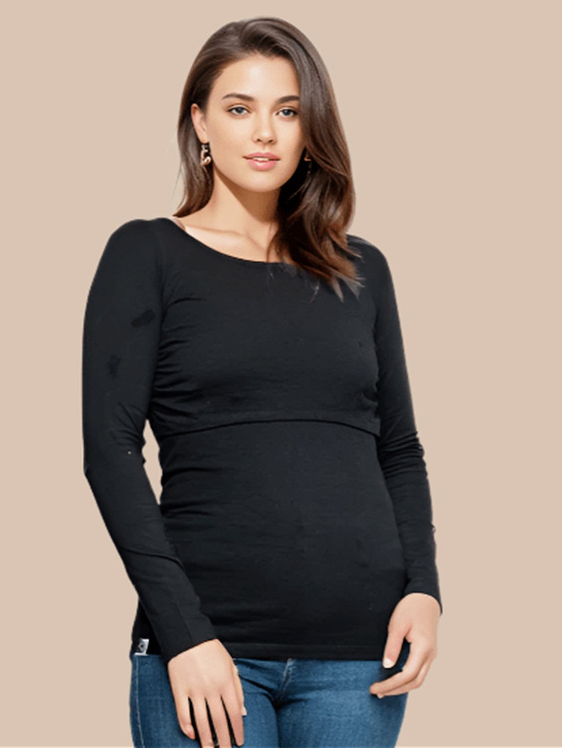 Comfortable Nursing Long Sleeve Cotton T-Shirt for Moms - Soft & Breathable Black Top | Perfect for Breastfeeding, Maternity Wear & Everyday Comfort