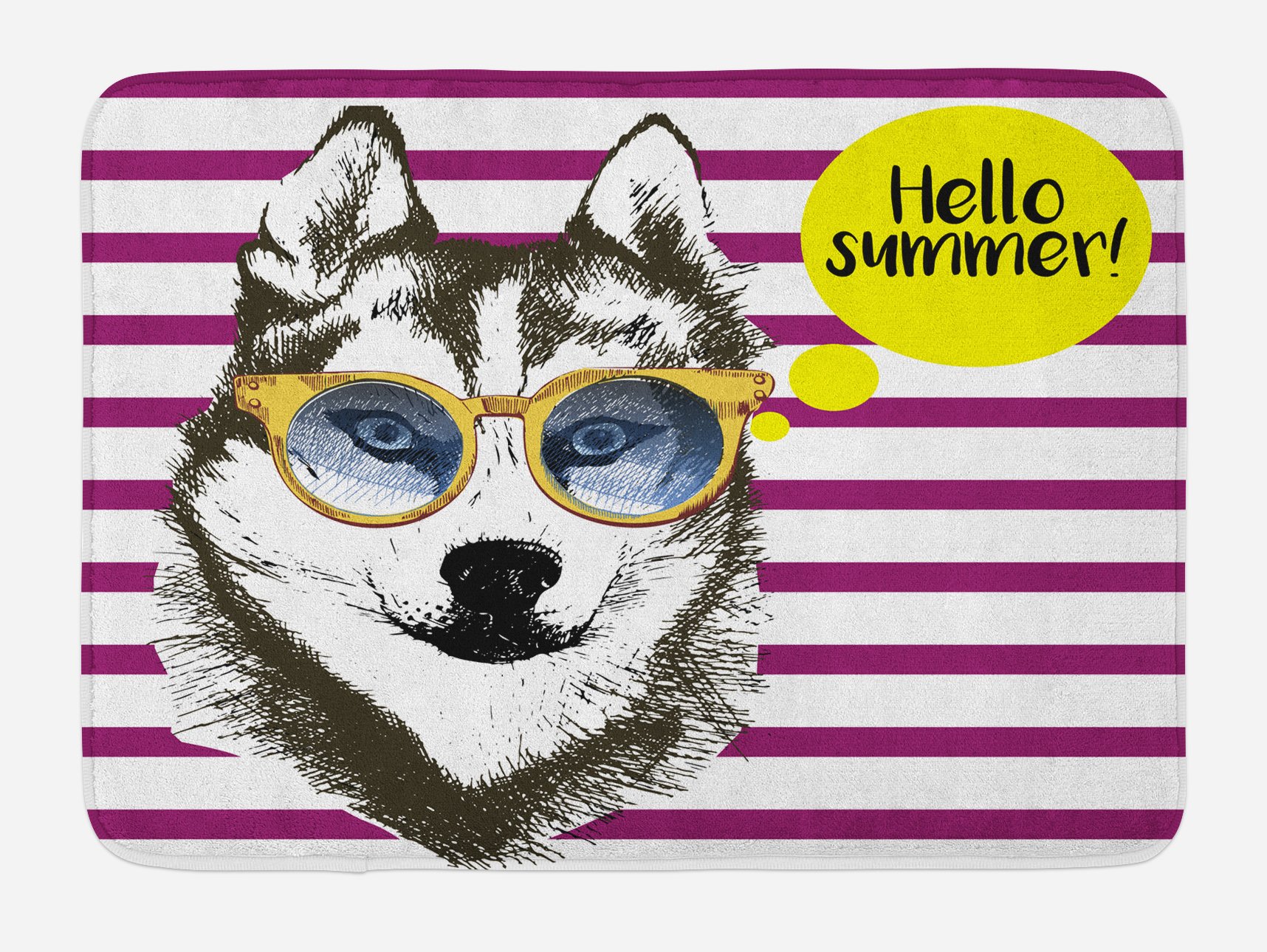 Ambesonne Alaskan Malamute Non-Slip Bath Mat - Soft Plush Bathroom Rug with Husky Design, Purple Stripes & Yellow Hipster Glasses, 30.2