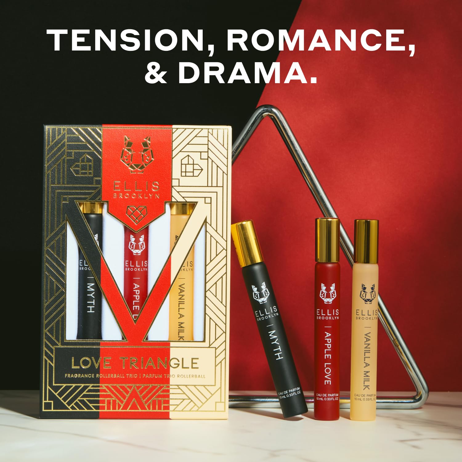 Ellis Brooklyn LOVE TRIANGLE Rollerball Trio - Clean Fragrance Gift Set for Women (Apple Love, Vanilla Milk, Myth) | Travel-Size Perfumes for Everyday Wear, Date Night & Special Occasions