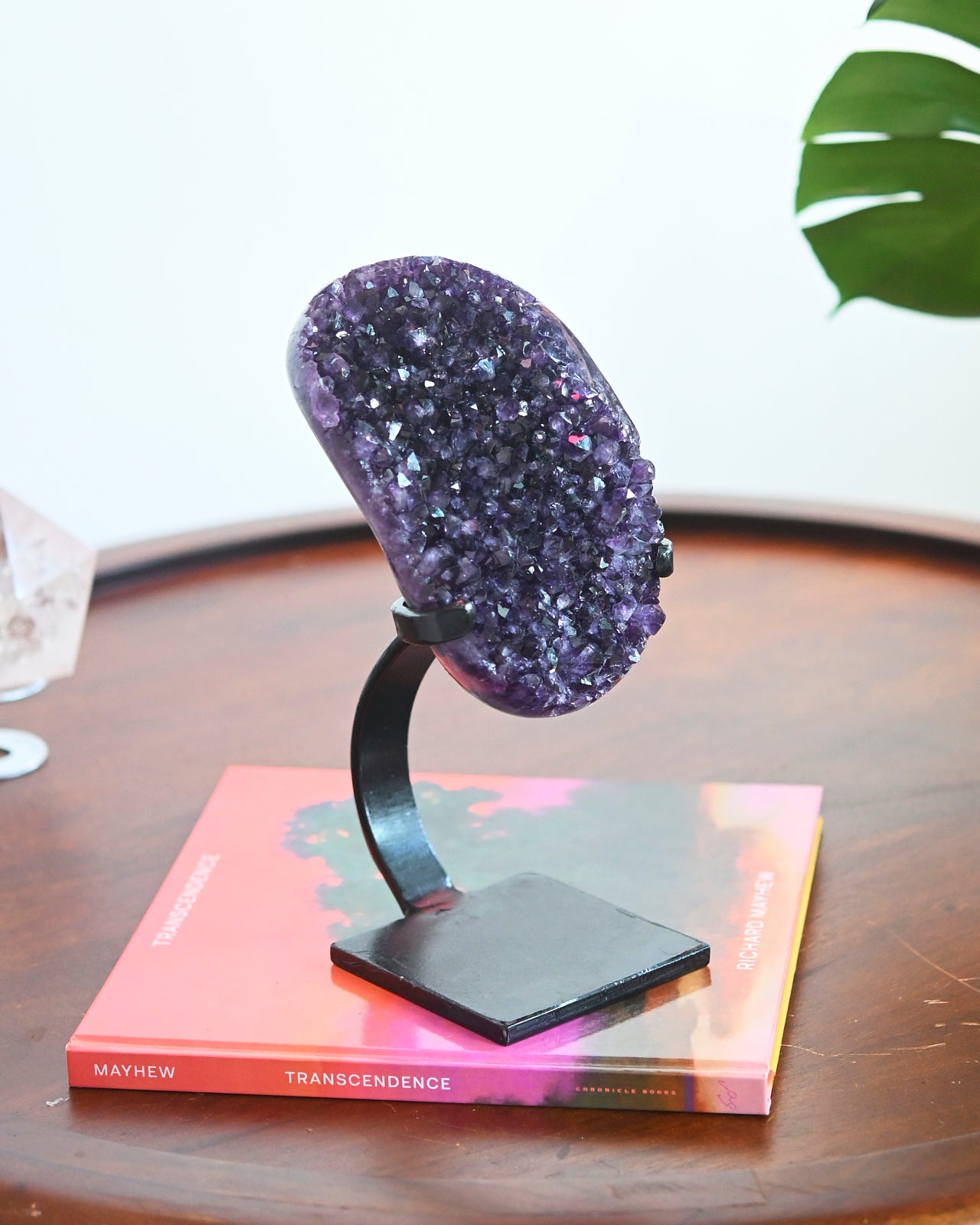 Natural Amethyst Crystal Geode on Wooden Stand - 5 lbs Raw Purple Quartz Cluster - Home Decor, Meditation Stone, Healing Crystal Gift for Spiritual Healing & Office Desk Decor