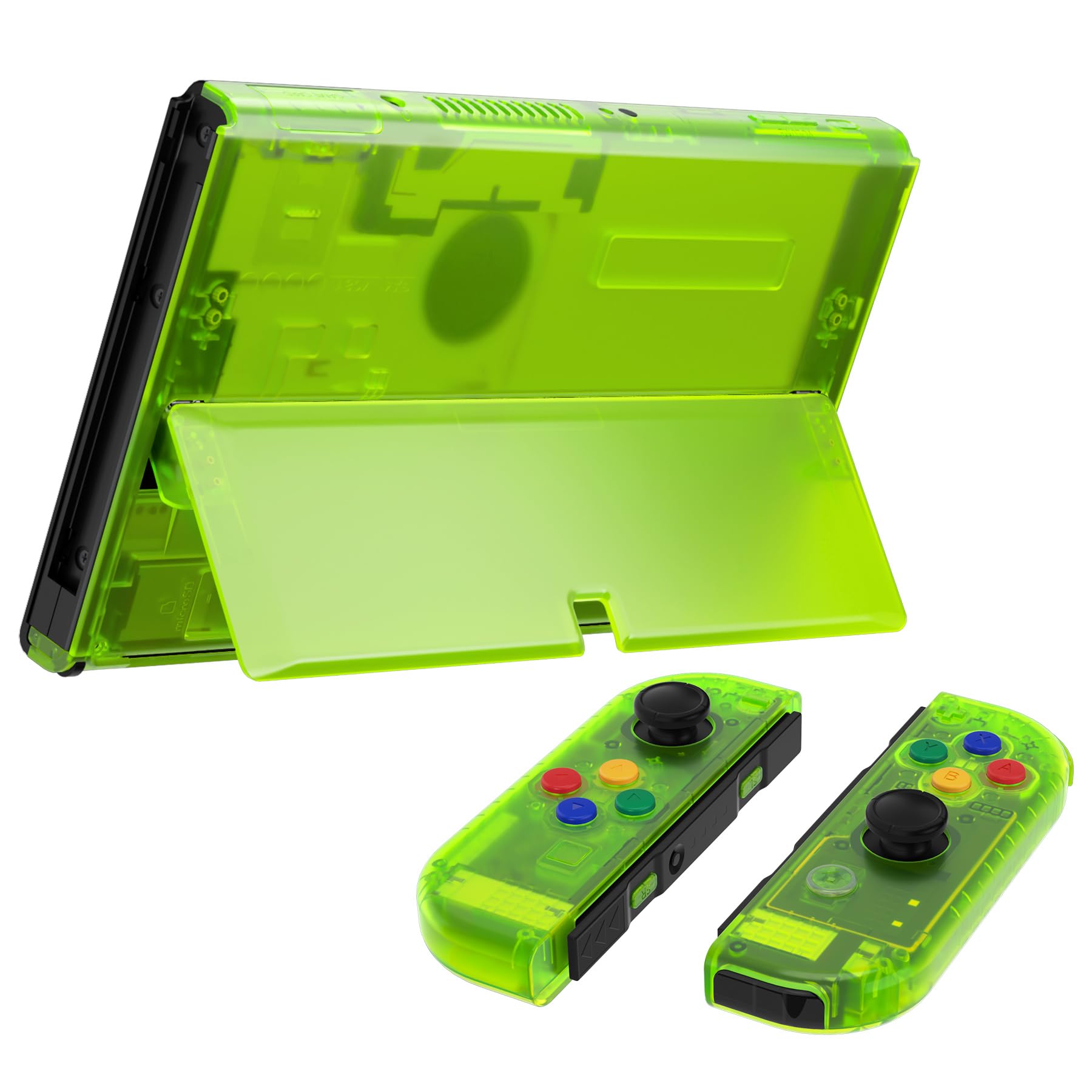 eXtremeRate Replacement Buttons & Back Cover Shell for Nintendo Switch OLED Console - Transparent Lime Green | Joycon Controller Case & Kickstand | Perfect for Gaming & Customization