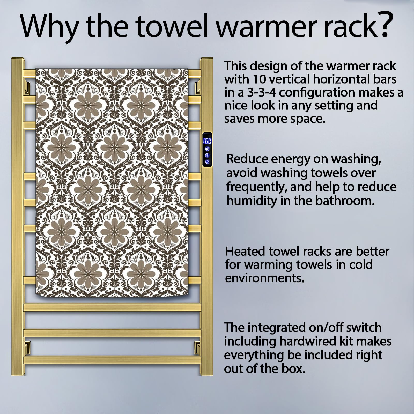 Premium Electric Towel Warmer Rack - 10-Bar Wall Mounted Heated Towel Rail with Timer & Fahrenheit Temperature Control for Bathroom - Brushed Gold Finish - Plug-in or Hardwired Installation - Perfect for Keeping Bath & Shower Towels Warm & Cozy - Ideal for Spa-Like Luxury at Home