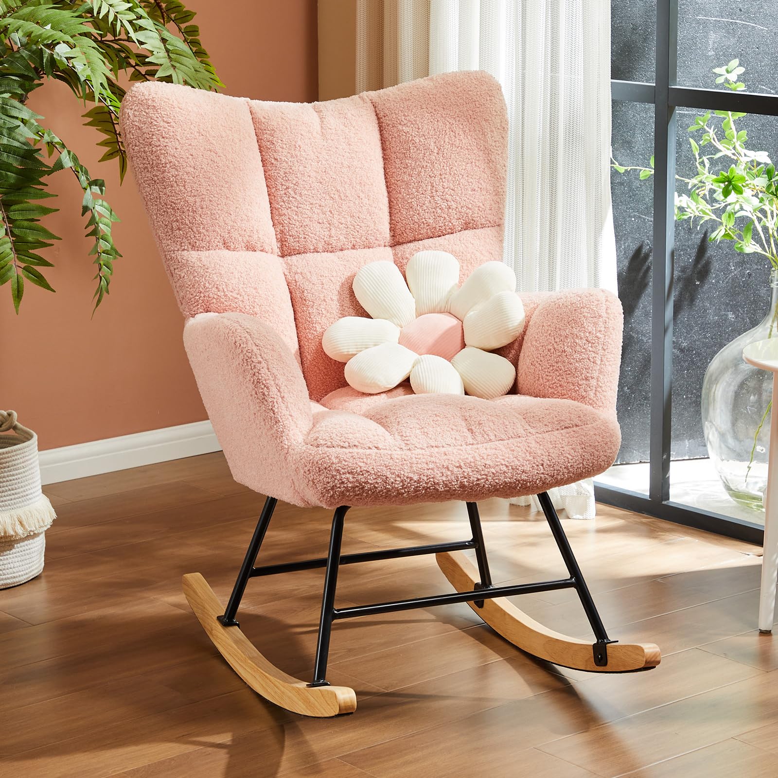 NEWBULIG Teddy Upholstered Glider Rocker with High Backrest - Modern Rocking Accent Chair for Nursery, Living Room & Bedroom (Pink) | Cozy Reading Chair, Perfect for Nursing, Relaxing & Home Decor
