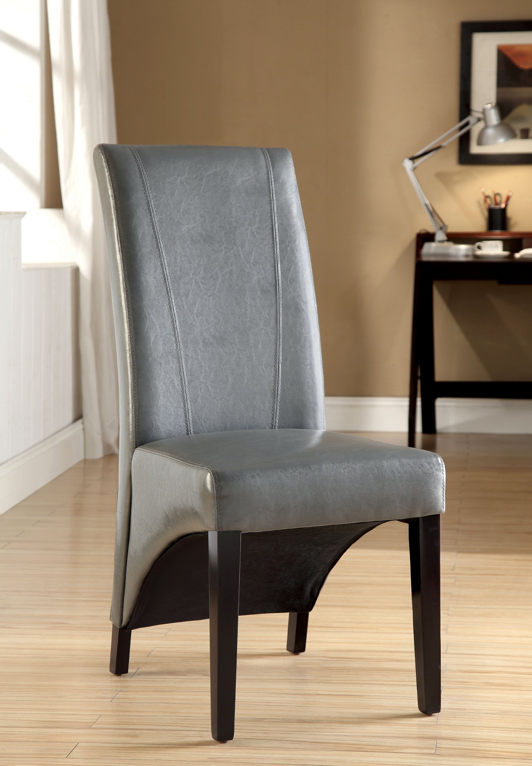 Furniture of America Marcello High-Back Leatherette Dining Chairs - Gray Set of 2 - Modern PU Leather Kitchen Chairs for Dining Room, Restaurant & Home Decor