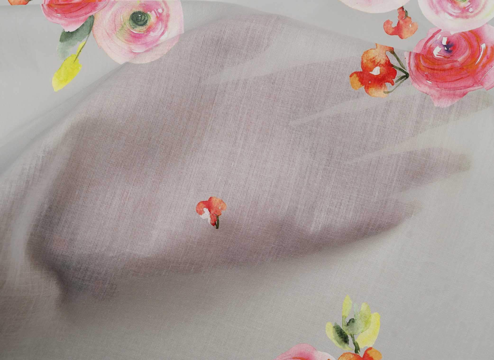 Premium Cotton Poplin Fabric - Leaves & Peach Floral Watercolor Print - 56